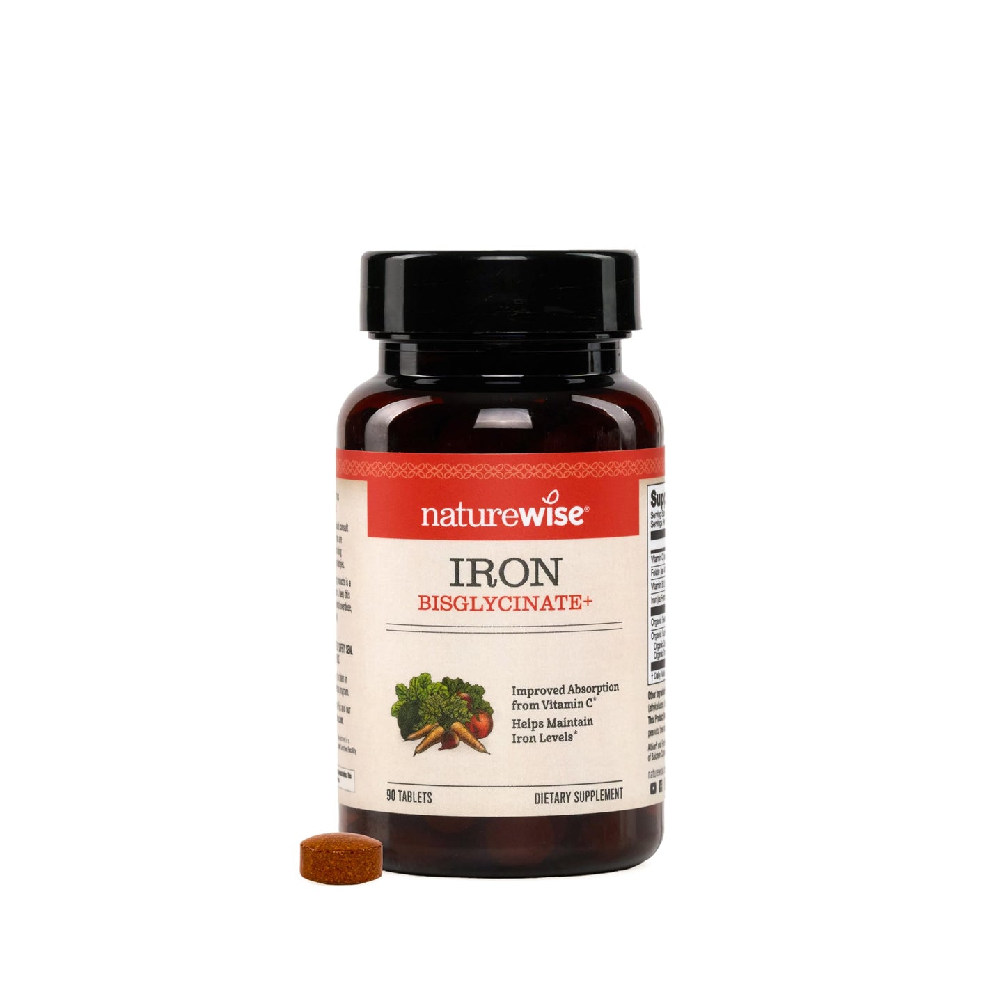 NatureWise Vegan Iron Supplement for Women & Men - Gentle on Stomach, High Absorption - Coated Iron Bisglycinate Tablets + Vitamin C, Methyl B12, Folate & Organic Food Blend - 90 Tablets