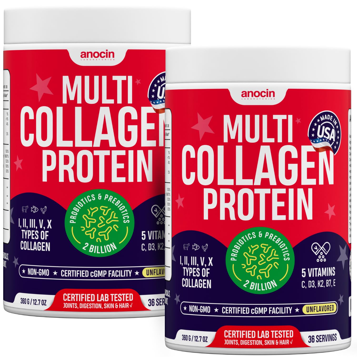 anocin Multi Collagen Peptides with Prebiotic + Probiotics + Type I, II, III, V, X + Hydrolyzed Collagen Powder with Vitamin C, D3, B7, K2, E, Hyaluronic Acid, Supports Skin, Hair, Nails, Joints, Grass-Fed, Non-GMO, 25.4 oz (Pack of 2)