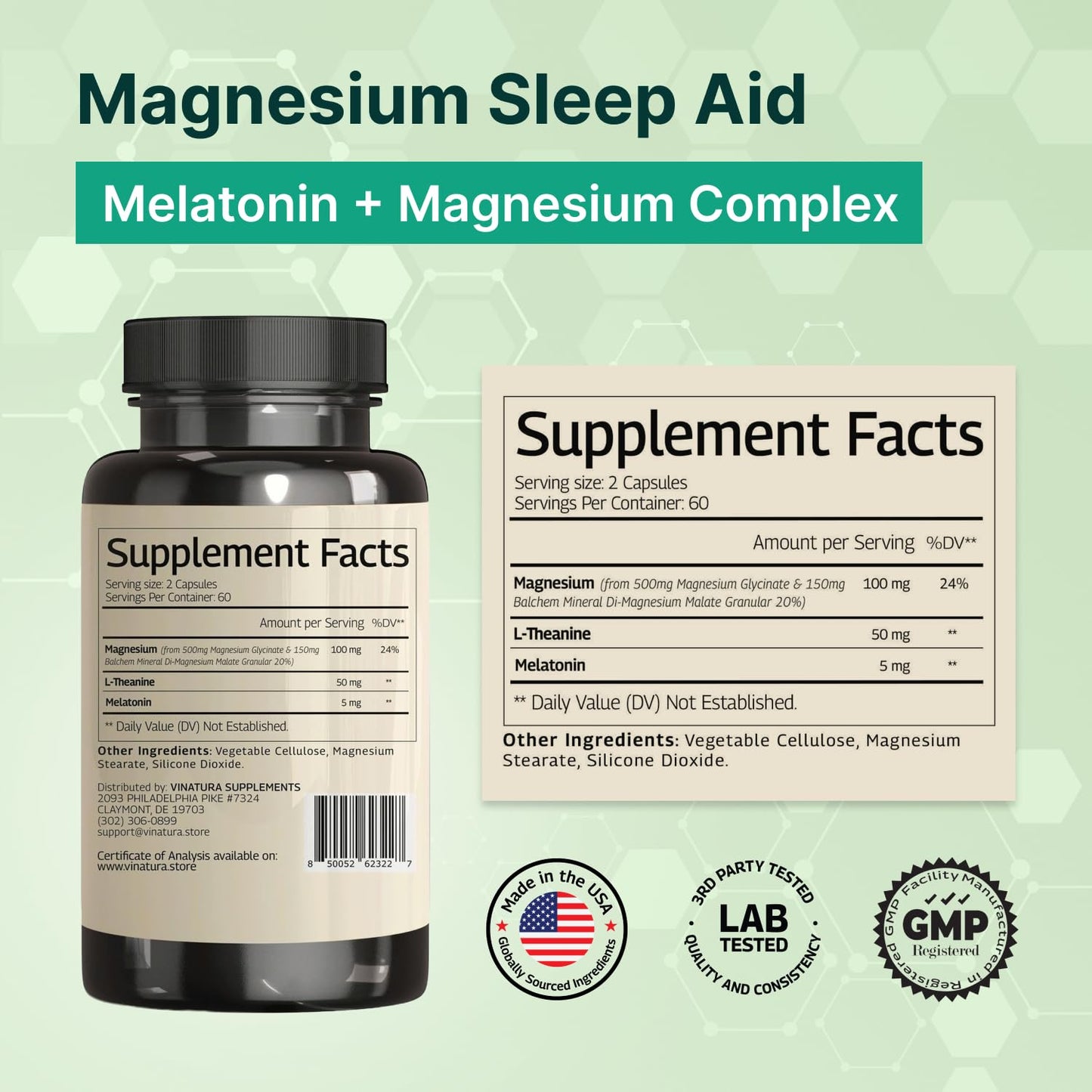 VINATURA Magnesium Glycinate Complex for Sleep with Melatonin, 120 Capsules