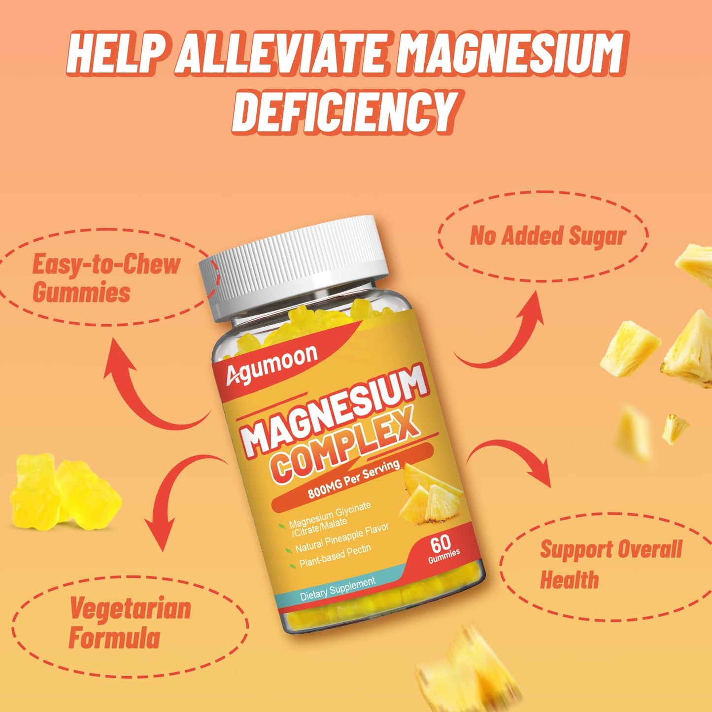 Agumoon Magnesium Complex Gummies 800mg with Zinc & Vitamins B6, B12, C, D3, 120 Gummies