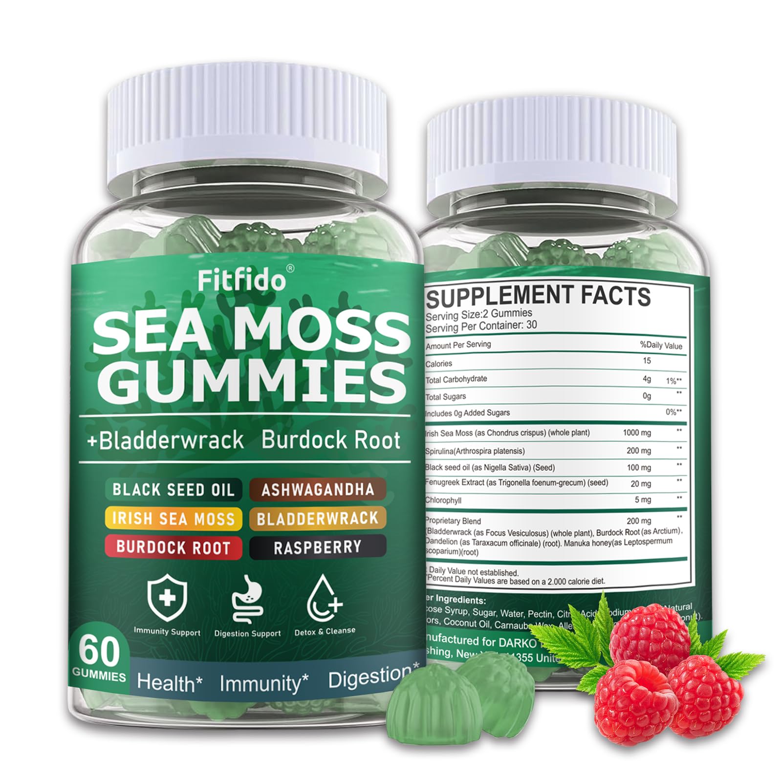 Fitfido Irish Sea Moss Gummies 60 Count with Bladderwrack, Burdock Root & Manuka Honey, 105+ Trace Minerals, Raspberry Flavor, Sugar Free, Vegan