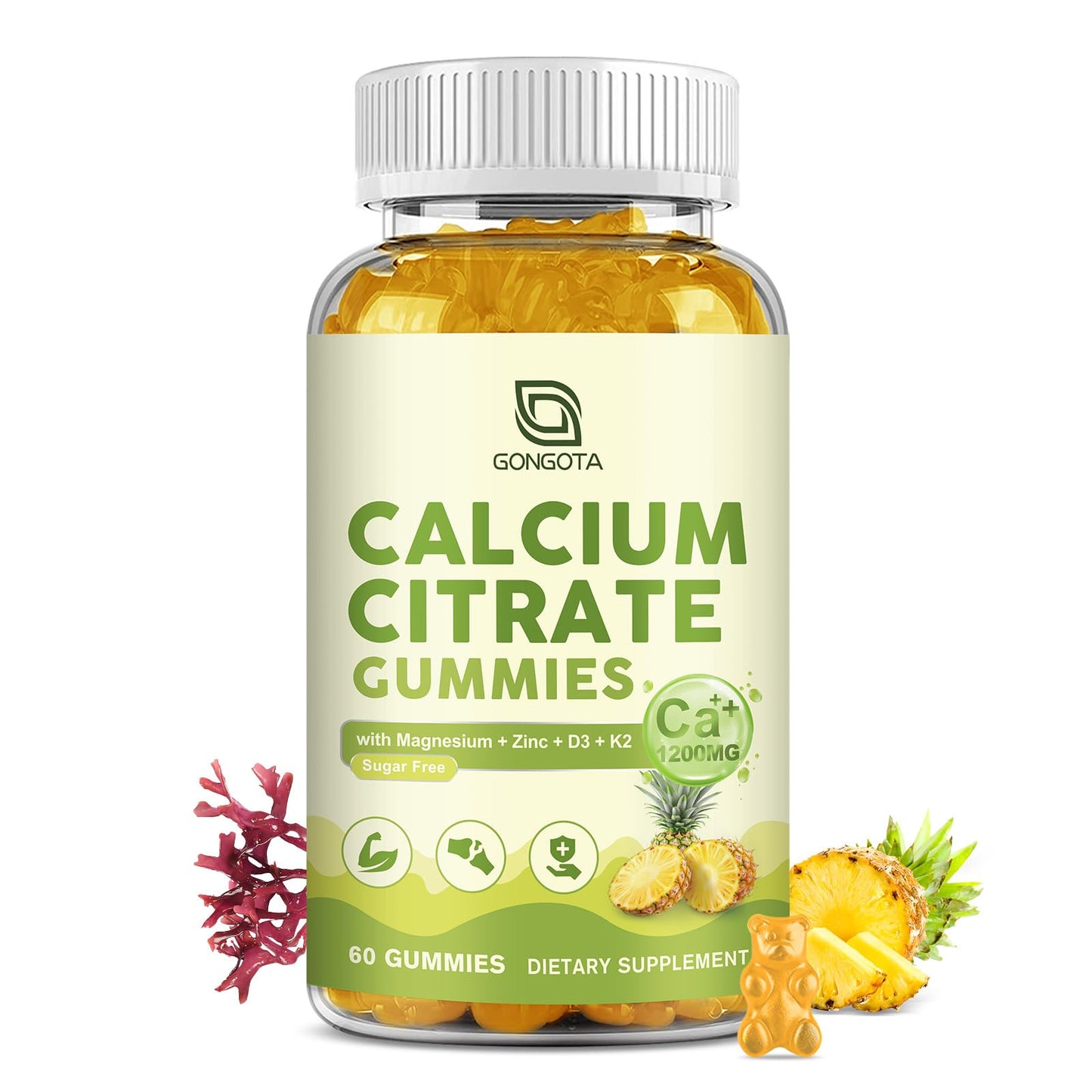 GONGOTA Calcium Citrate 1200mg with Vitamin D3 Gummies for Women, Sugar Free Pineapple Flavor, 60 Gummies