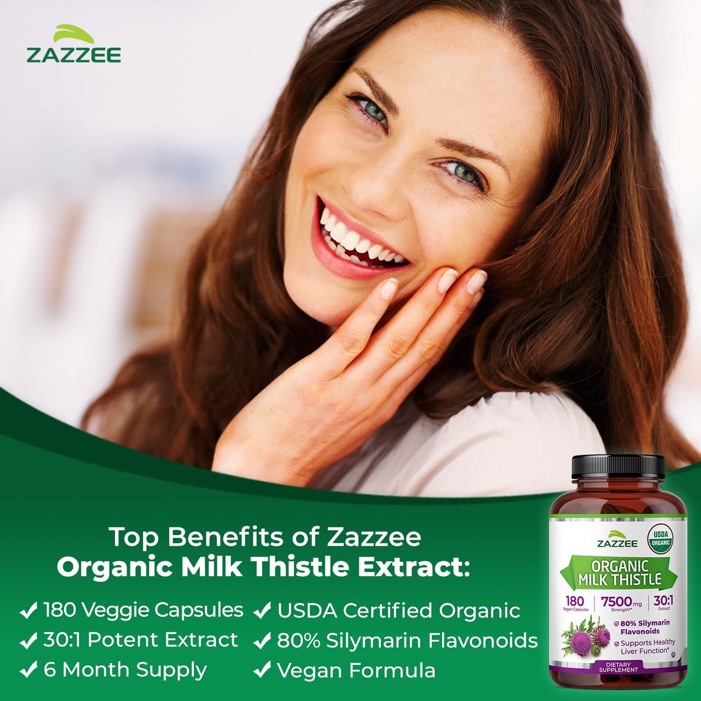 Zazzee Milk Thistle 30:1 Extract, 80% Silymarin, USDA Organic Capsules, 180 Count