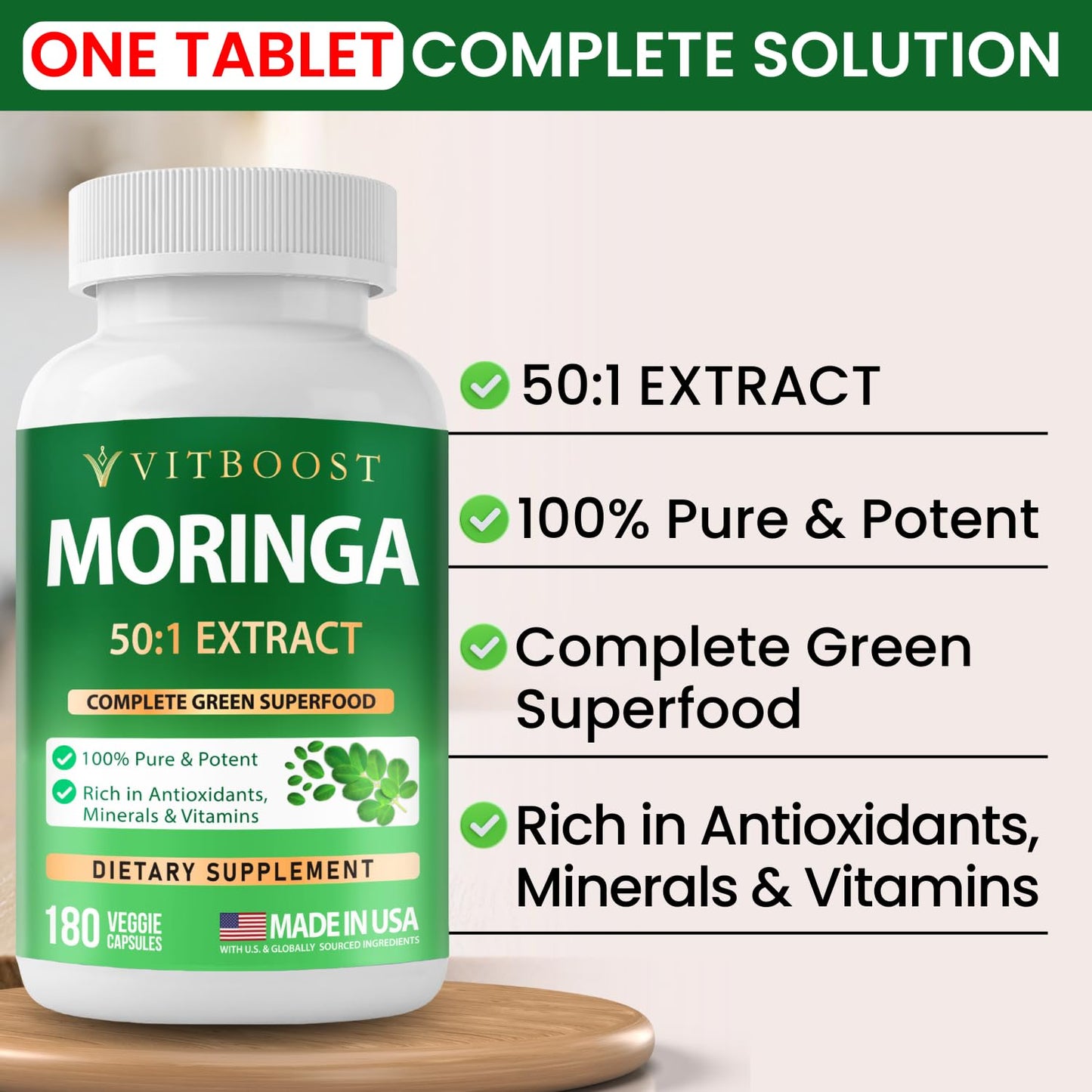 VITBOOST Moringa Oleifera 50:1 Extract Capsules 400mg - 180 Count