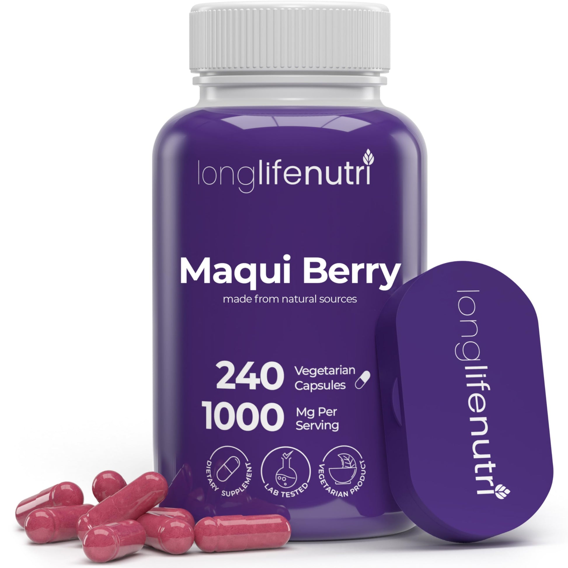 LongLifeNutri Maqui Berry 1000 mg Capsules, 240 Count, Organic Antioxidant Superfruit, Vegan, Non-GMO, GMP-Made in USA