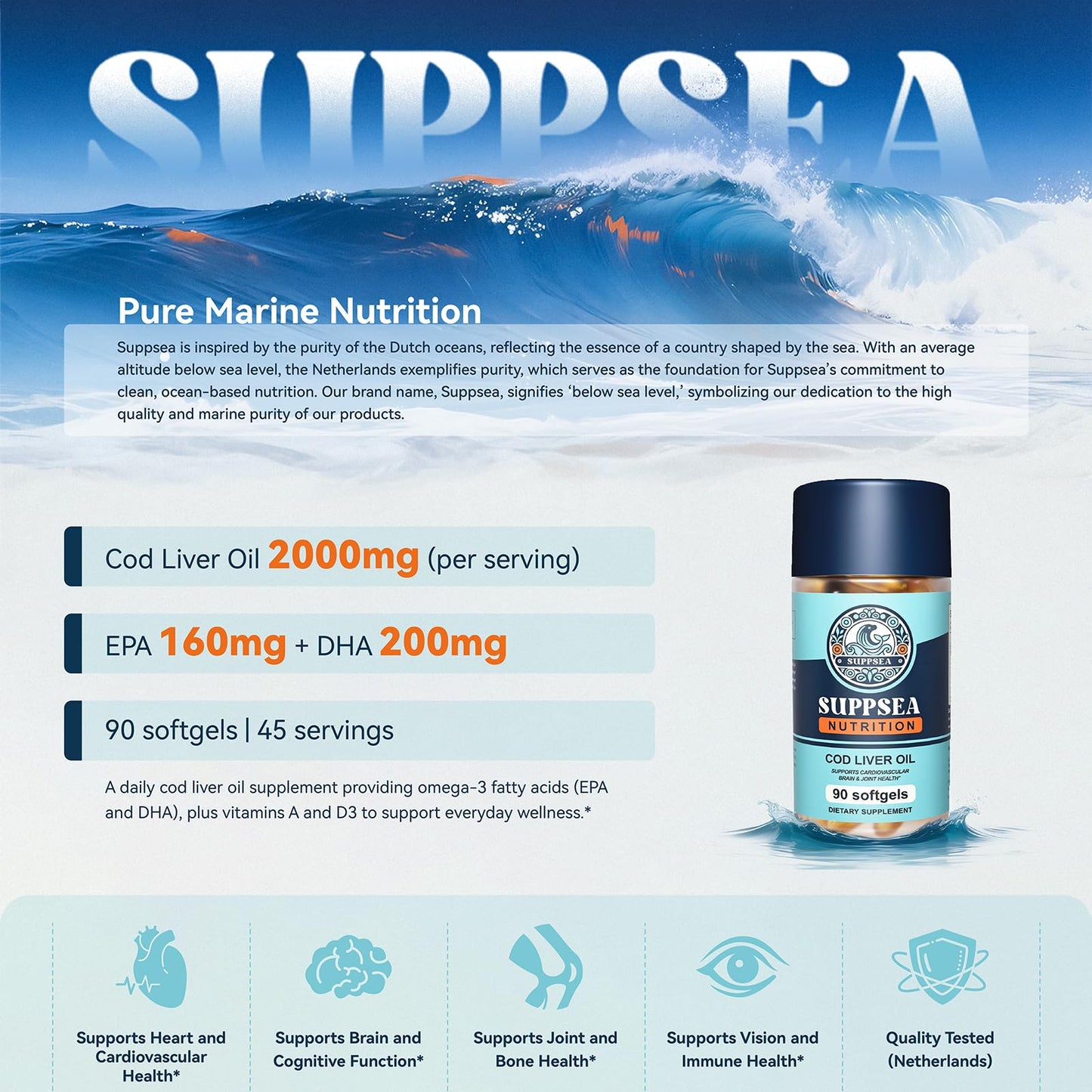 SUPPSEA Cod Liver Oil 2,000 mg with Vitamins A & D3, EPA, DHA, Extra Strength Softgels, 90 Count