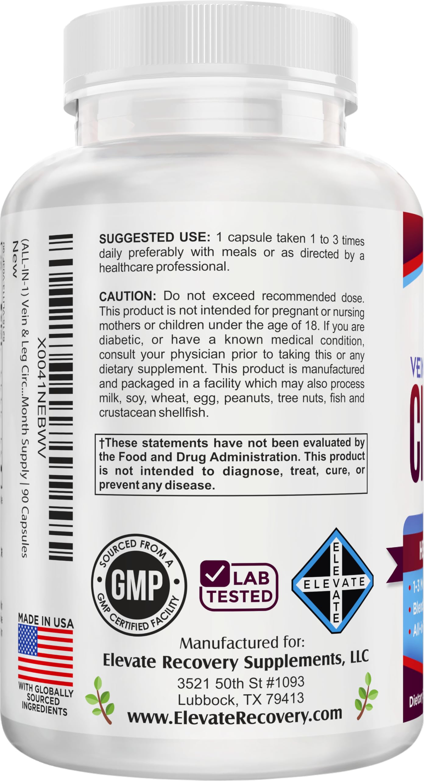 Elevate Recovery Supplements Vein + Leg Circulation Supplement 8-in-1 Formula Capsule, 90 Capsules