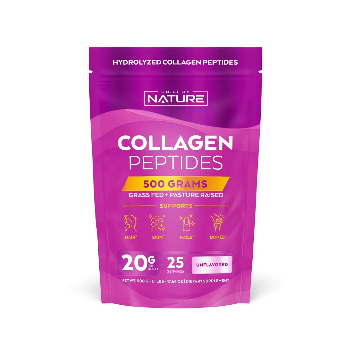 Built by Nature Collagen Peptides Powder Unflavored, Grass Fed, Non-GMO, 1.1 Pound