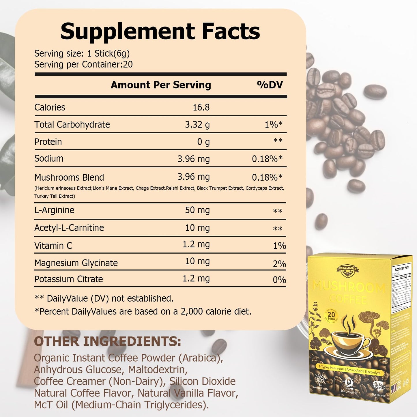Healliance Organic Instant Mushroom Coffee Powder – Lion’s Mane Adaptogenic Blend, 4.23 oz