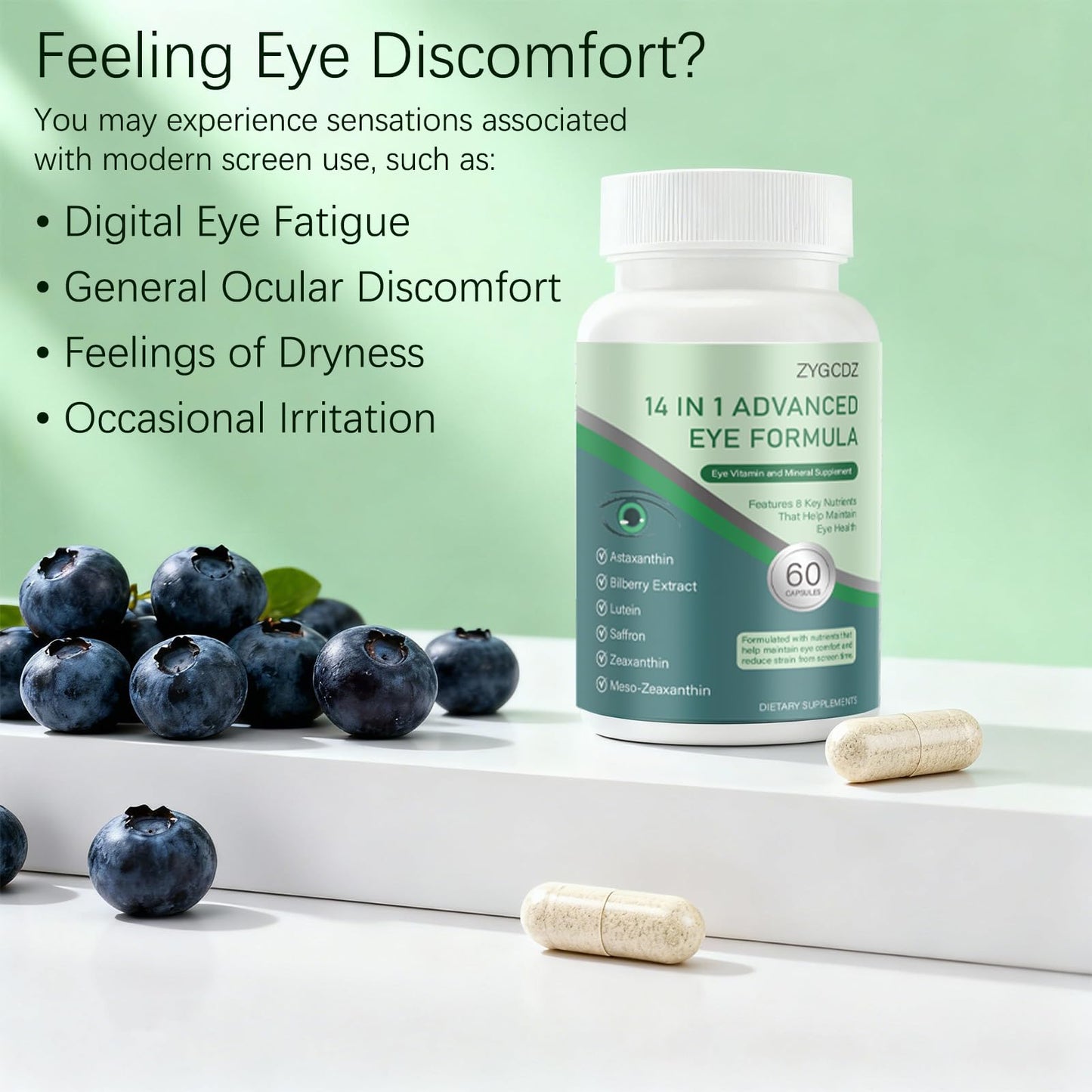 ZYGCDZ 14-in-1 Advanced Eye Vitamin Supplement with Lutein, Zeaxanthin, Bilberry Extract & Zinc for Adults - Supports Vision, Macula & Blue Light Protection, 60 Capsules