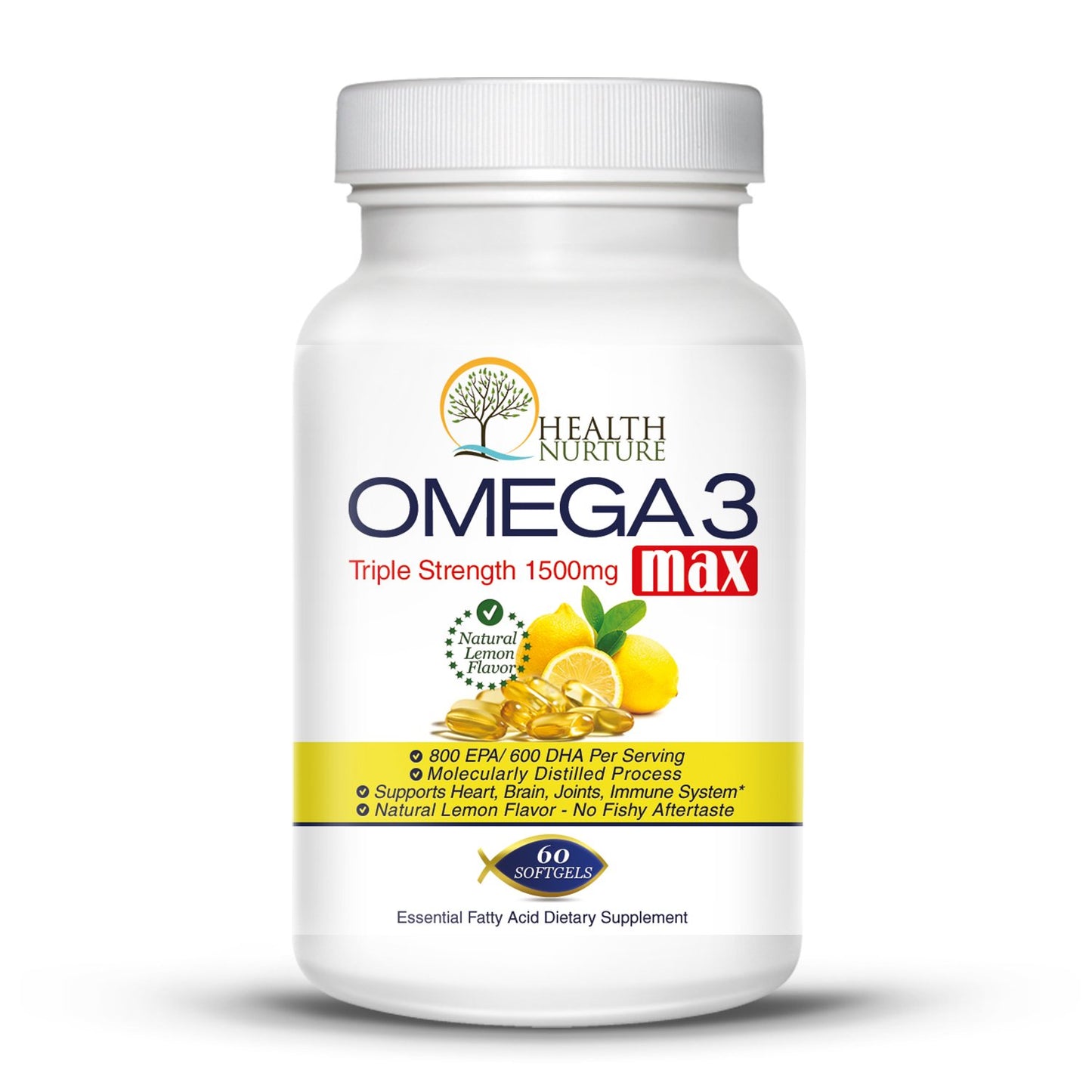 Health Nurture Fish Oil Omega-3 Maximum Strength 1500mg (800 EPA/600 DHA) Pharmaceutical Grade Fish Oil Capsule, 1 Count