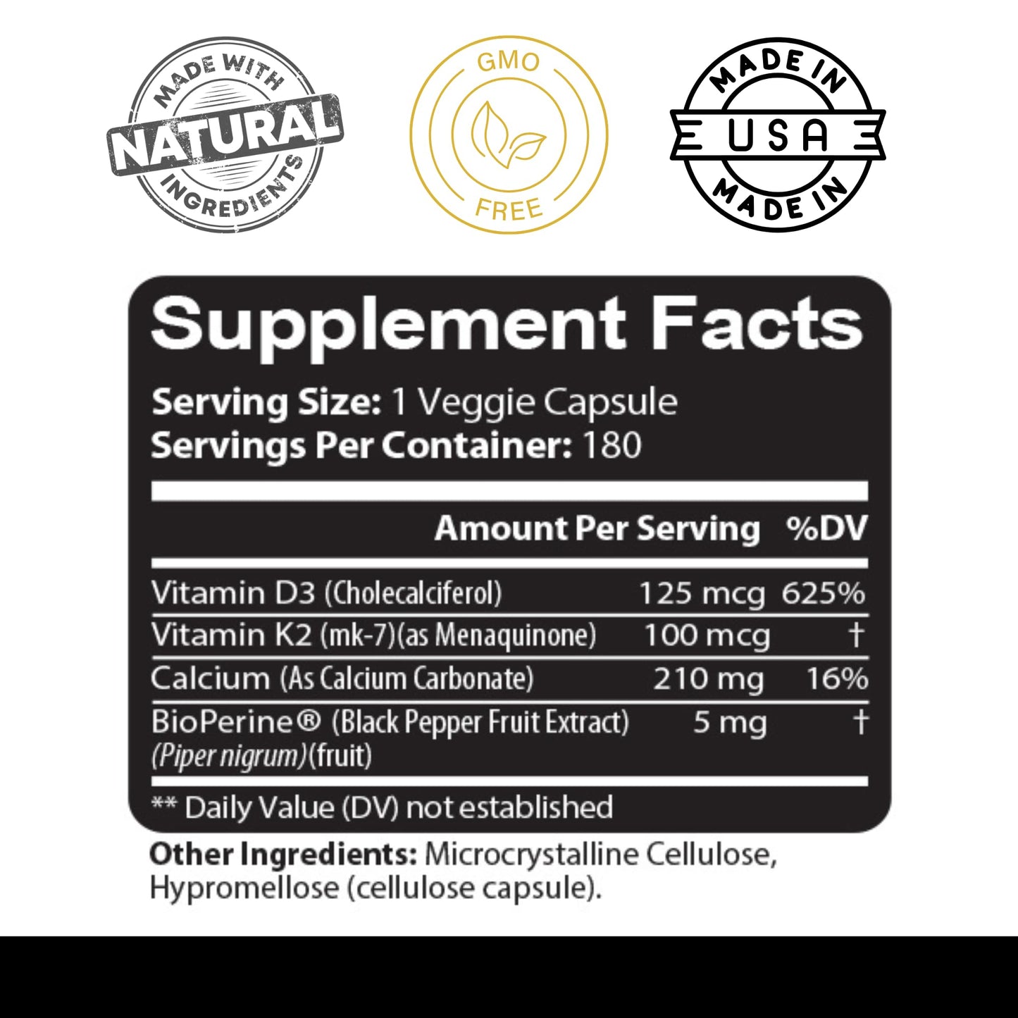 Kaya Naturals Vitamins K2 with D3 5000IU Capsules, 180 Count