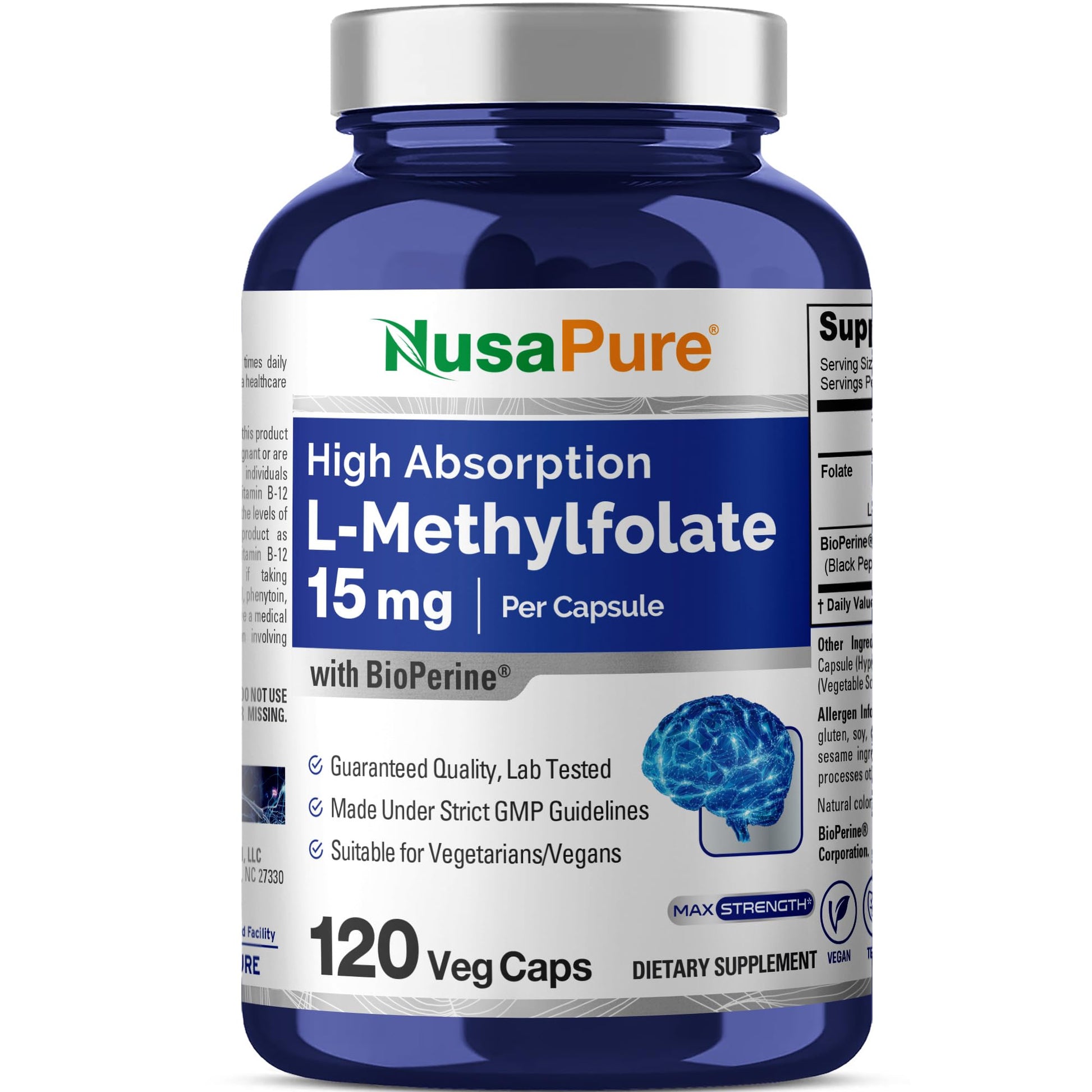 NusaPure L-Methylfolate 15mg Capsules, 120 Count