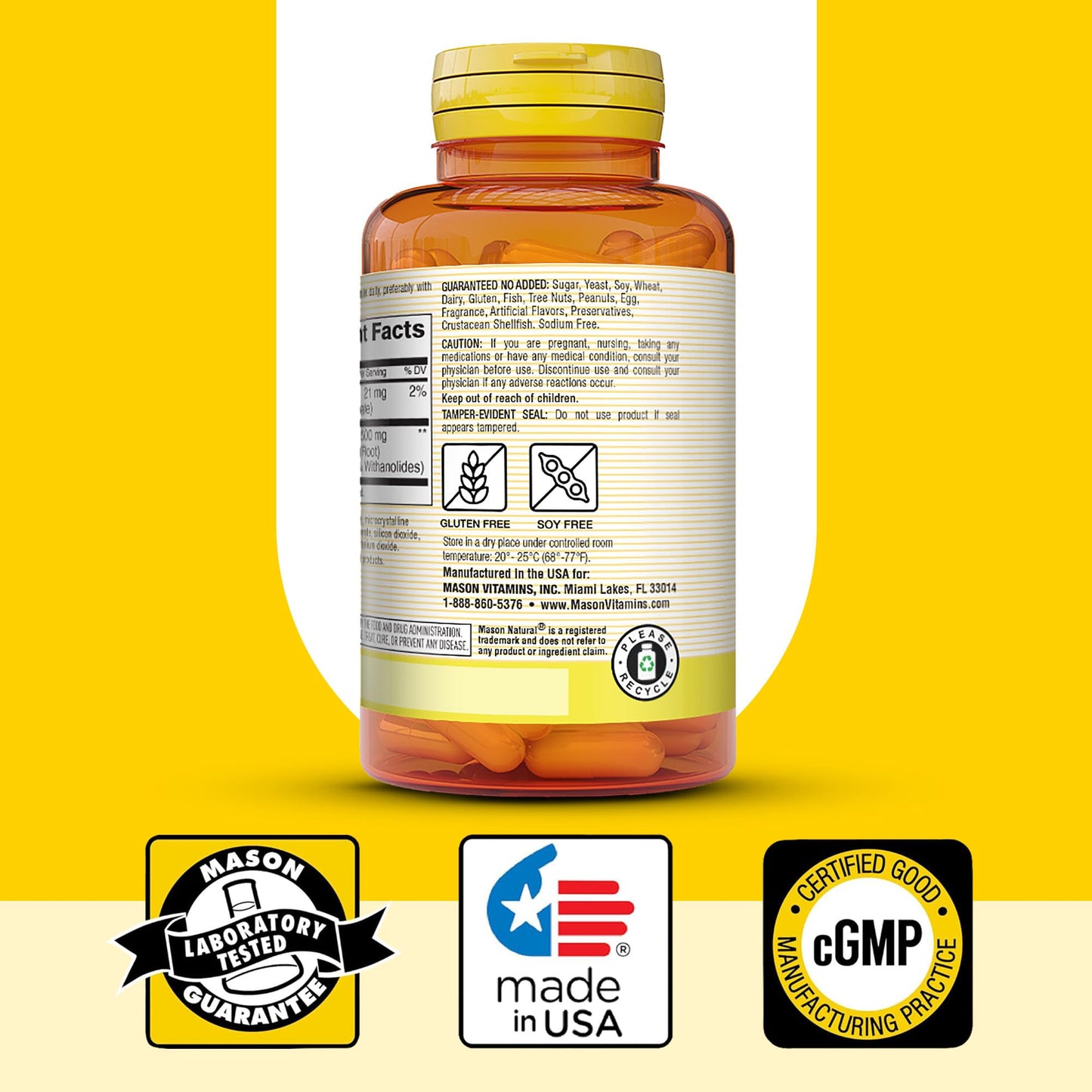 Mason Natural Ashwagandha 500 mg Adaptogen Capsule, 180 Count