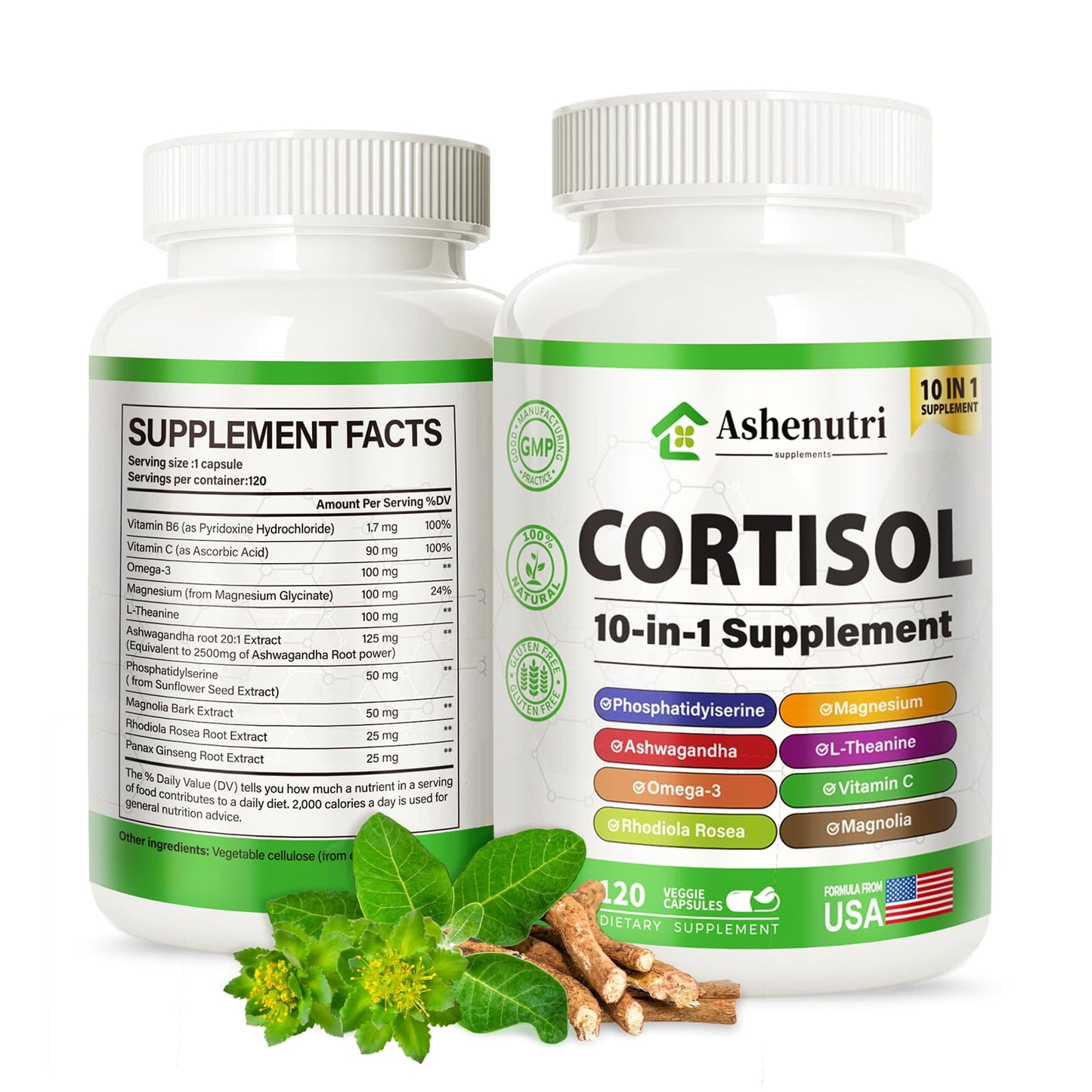 Ashenutri 10-in-1 Cortisol Supplement with Magnesium, Ashwagandha, Rhodiola Rosea, L Theanine, Hormone Balance for Women, 120 Capsules