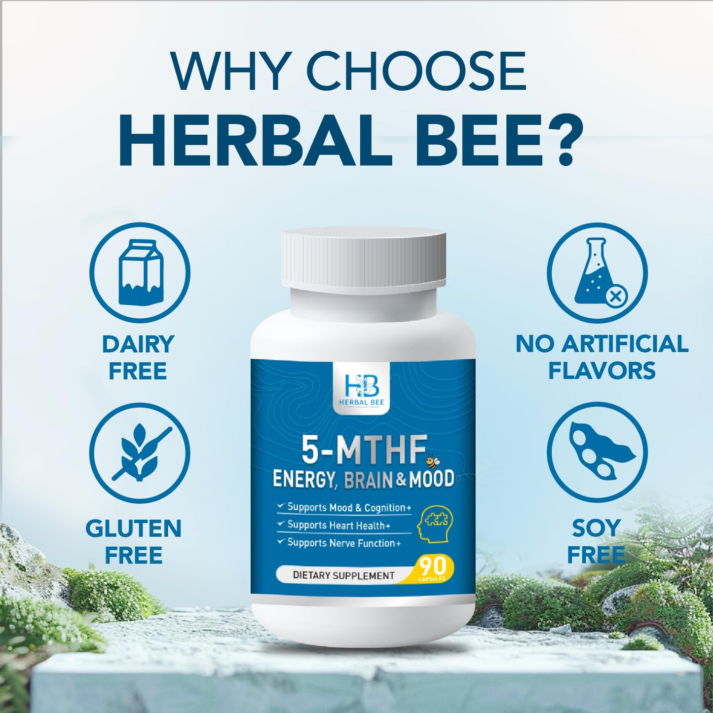 Herbal Bee 5-MTHF Folate Supplement Activated L-Methylfolate, Plus Methyl B12 Cofactor & B6 Methylated B2 Complex, 90 Capsules