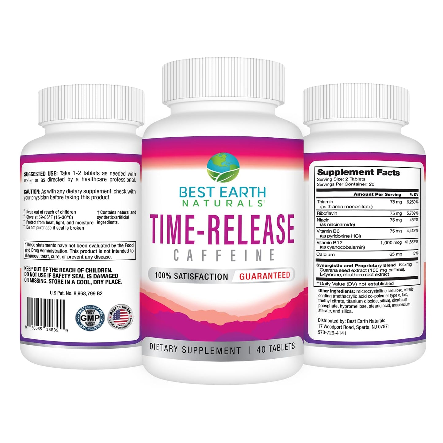 Best Earth Naturals Time Release Caffeine with L-Tyrosine, Vitamin B6, Vitamin B12, Thiamin & More Energy Supplement Tablet, 40 Count