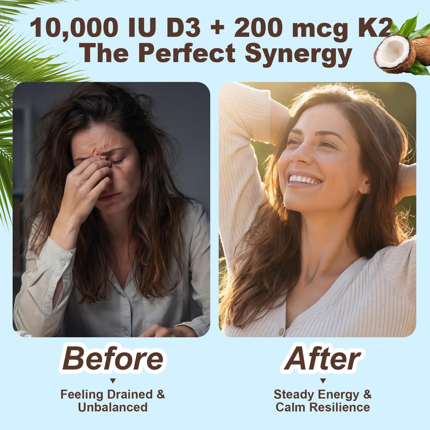 Aeteon Vitamin D3 K2 Softgels 10,000 IU, 200 mcg K2 MK-7, Virgin Coconut Oil, 2-in-1 Replenish Formula, 300 Count