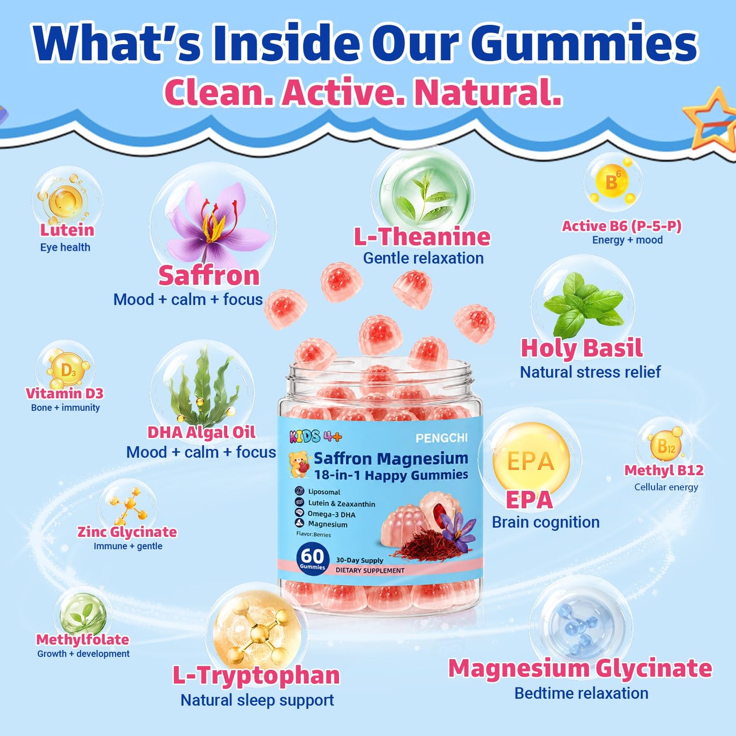 PENGCHI Saffron Gummies for Kids Calm Focus, 120 Gummies