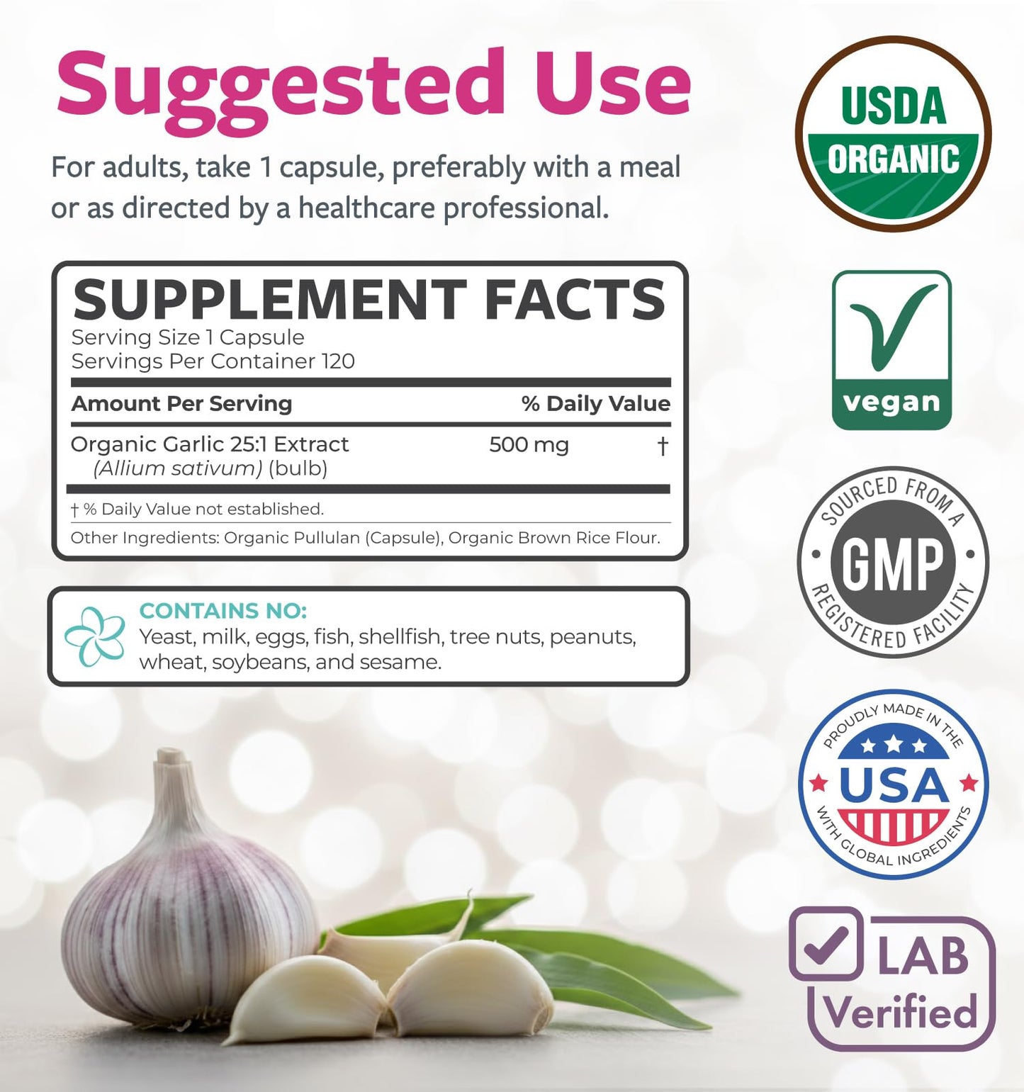 PURE CO USDA Organic Garlic Supplement Capsule 120