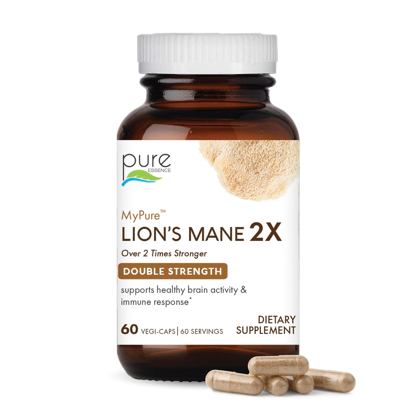 PURE ESSENCE LABS MyPure Lion's Mane 2X Double Strength Brain Support Supplement for Cognitive Health, Focus, Memory & Mental Clarity, 60 Capsules