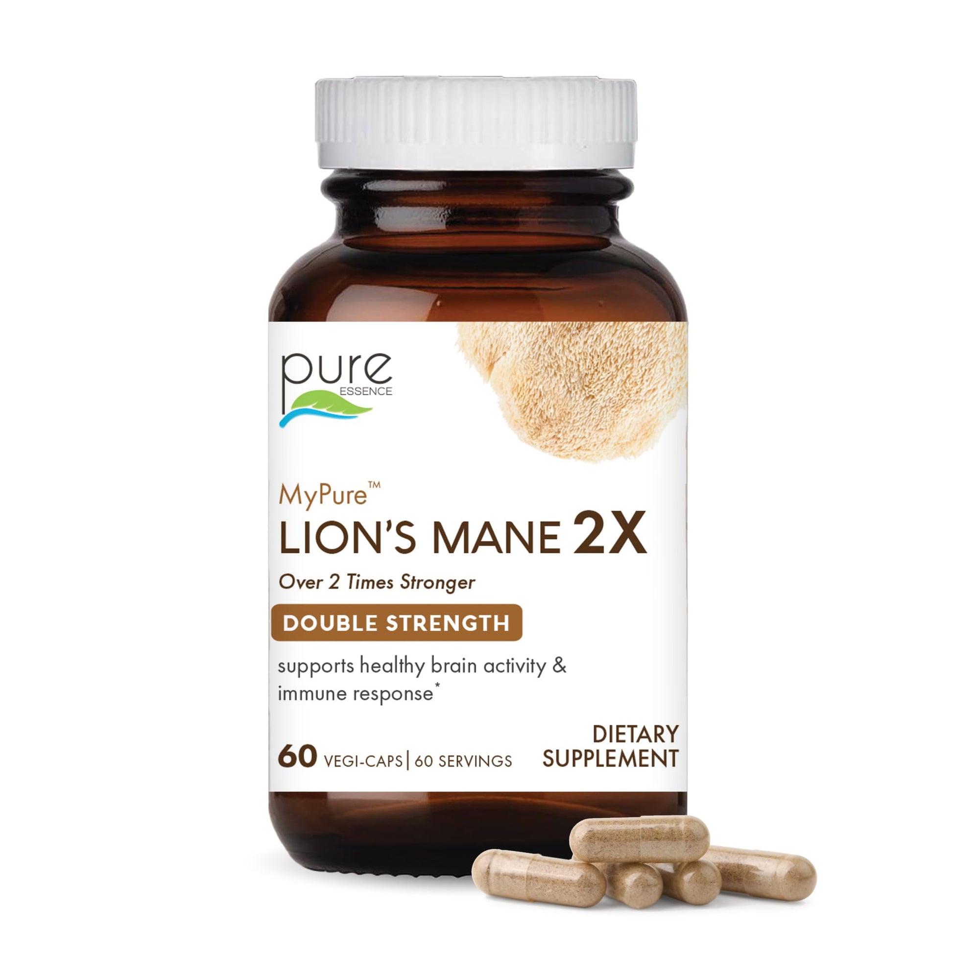 PURE ESSENCE LABS MyPure Lion's Mane 2X Double Strength Brain Support Supplement for Cognitive Health, Focus, Memory & Mental Clarity, 60 Capsules
