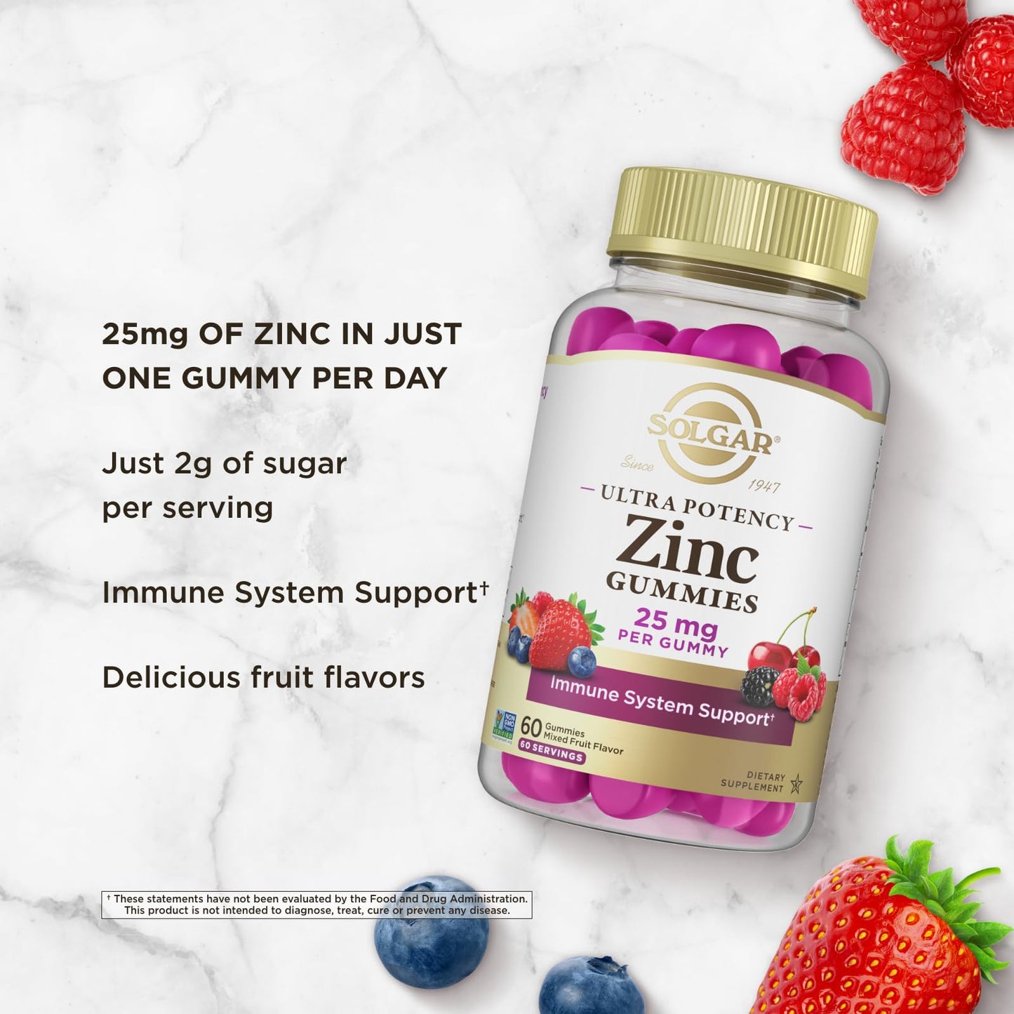 Solgar Zinc Gummies 25mg Ultra Potency Zinc Citrate for Immune Support - Mixed Fruit Flavor, 60 Count