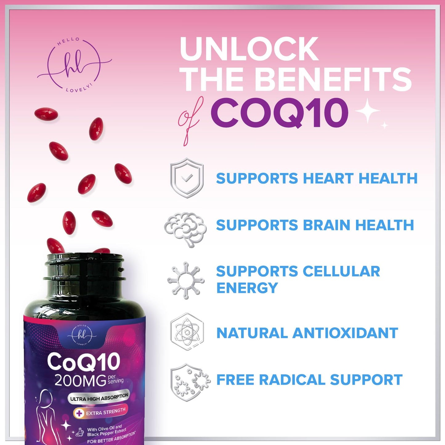 Hello Lovely! Coenzyme Q10 200mg per Serving Softgels, 120 Count