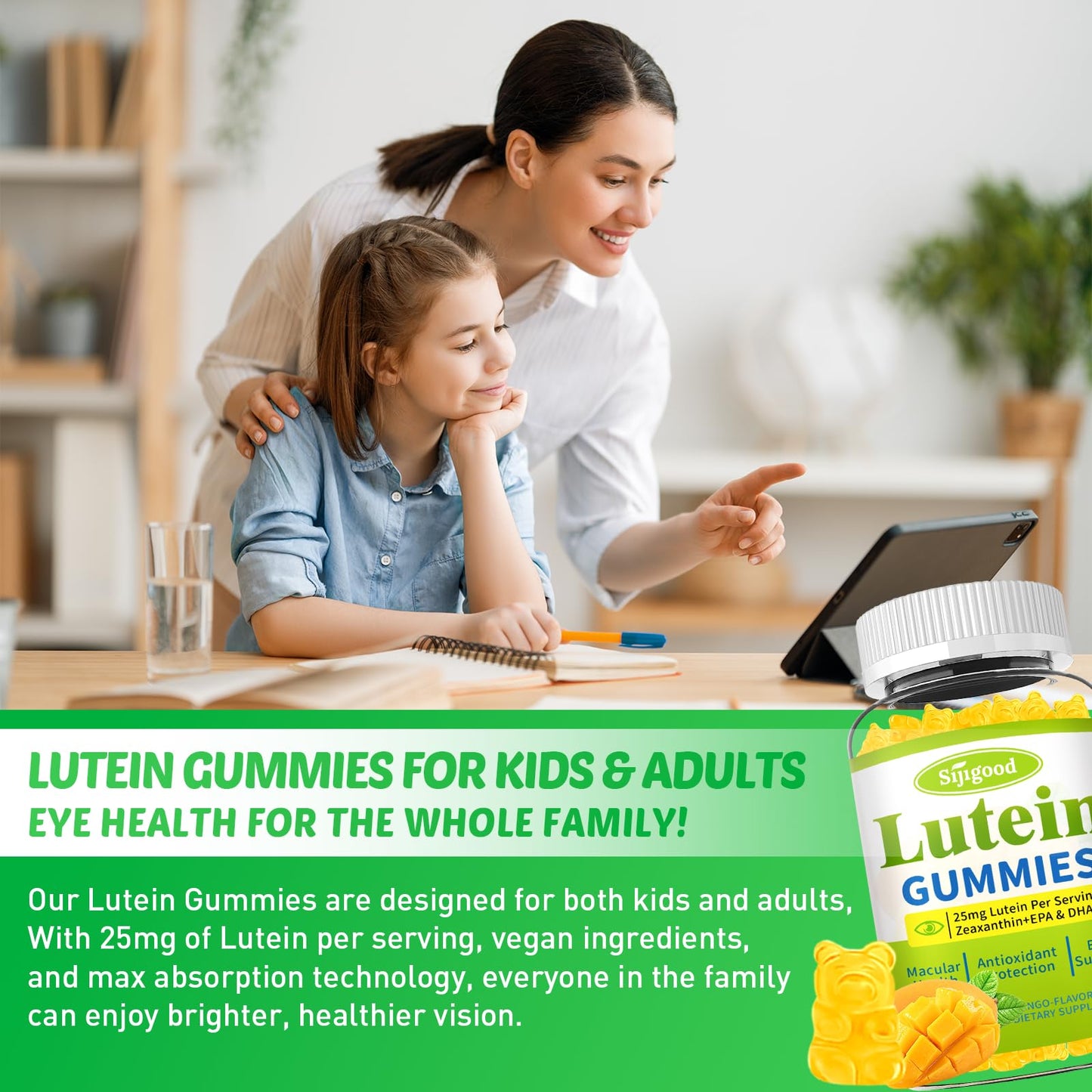 Sijigood Lutein and Zeaxanthin Supplements Gummies with Astaxanthin & Bilberry Extract Eye Vitamins with Omega-3, Vitamins A, C, E, D3 & Zinc for Vision Health Sugar Free, Mango Flavor, 60 Count