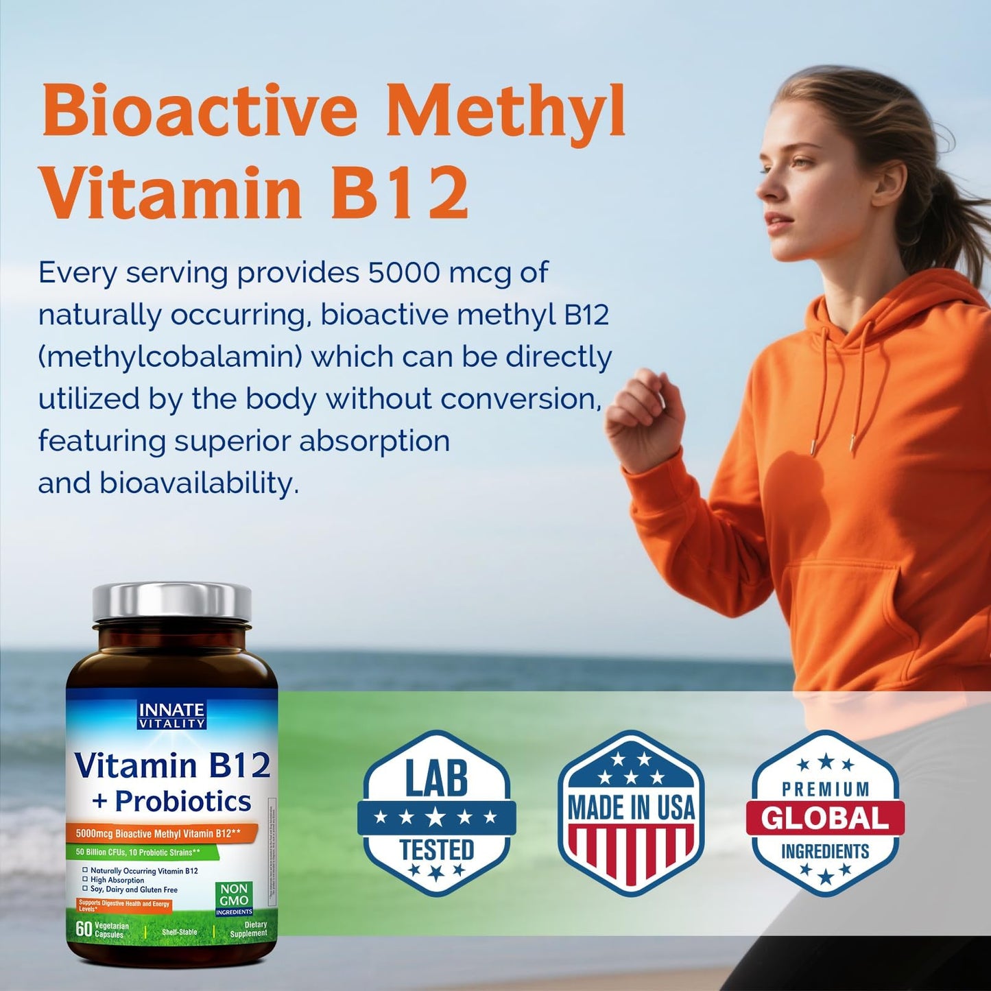 Innate Vitality Vitamin B12 & Probiotics Bioactive Methyl B12 5000 mcg with 50 Billion CFUs from 10 Probiotic Strains, for Gut, Immune & Energy, 60 Capsules