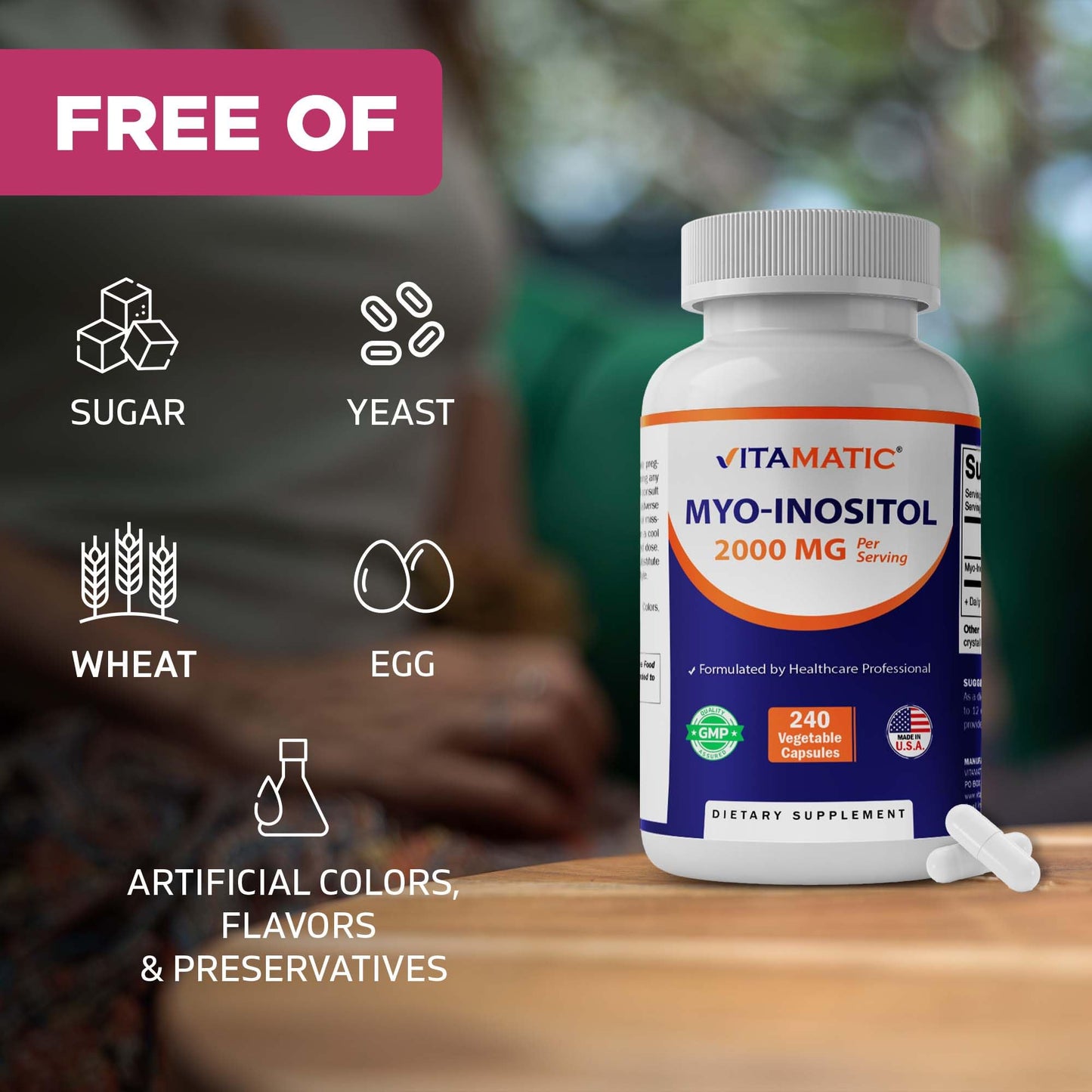 Vitamatic Myo-Inositol 2000 mg Per Serving, 240 Vegetable Capsules, Non-GMO, Gluten Free