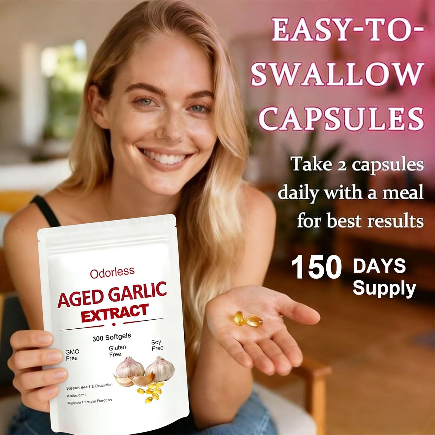 Axathibllu Aged Garlic Extract Odorless 15:1 Extract & 2-Year Low-Temp Aging Softgel, 300 Softgels