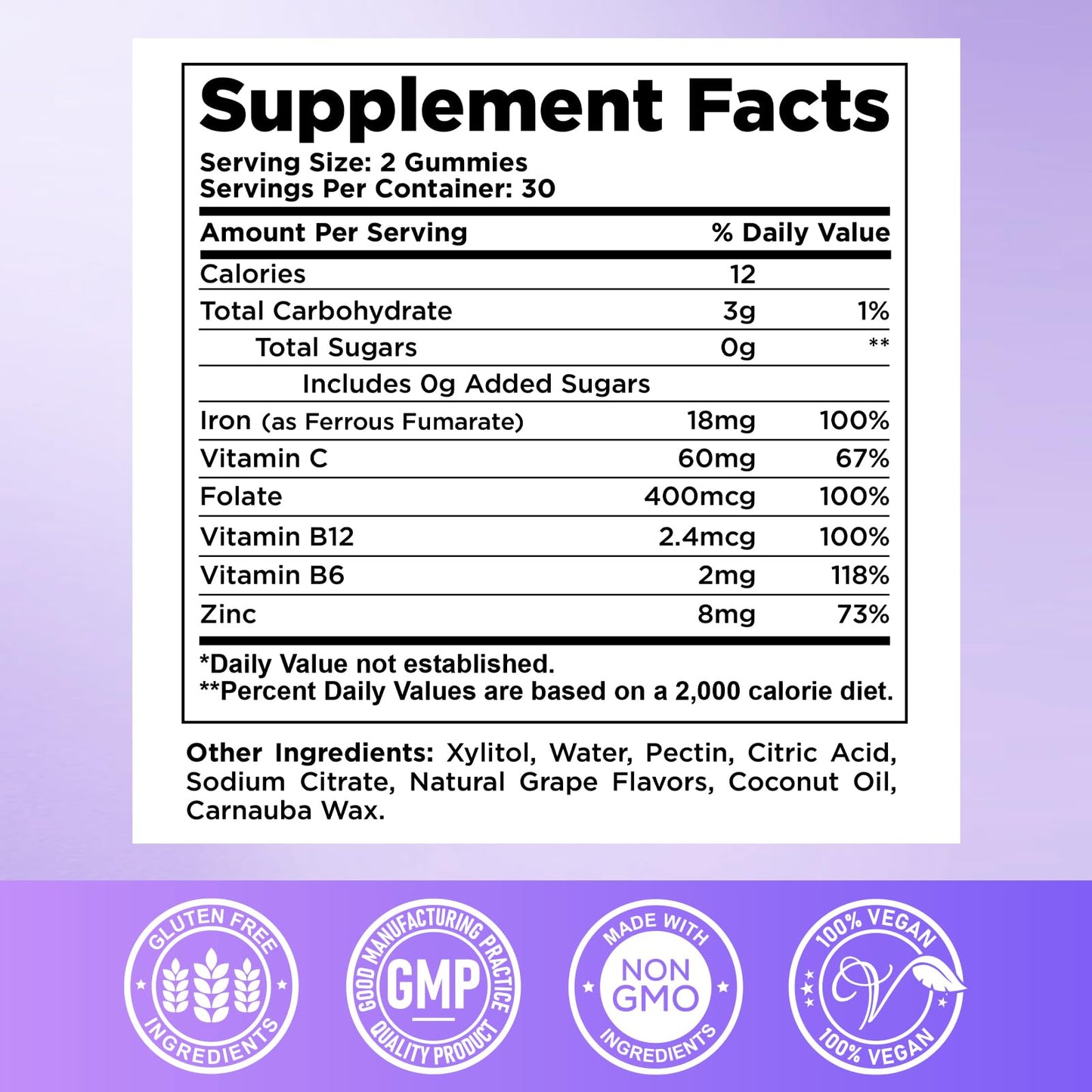 CFILIHTC Iron Gummies with Vitamin B6, B12, C, Zinc, Folate 60 Count