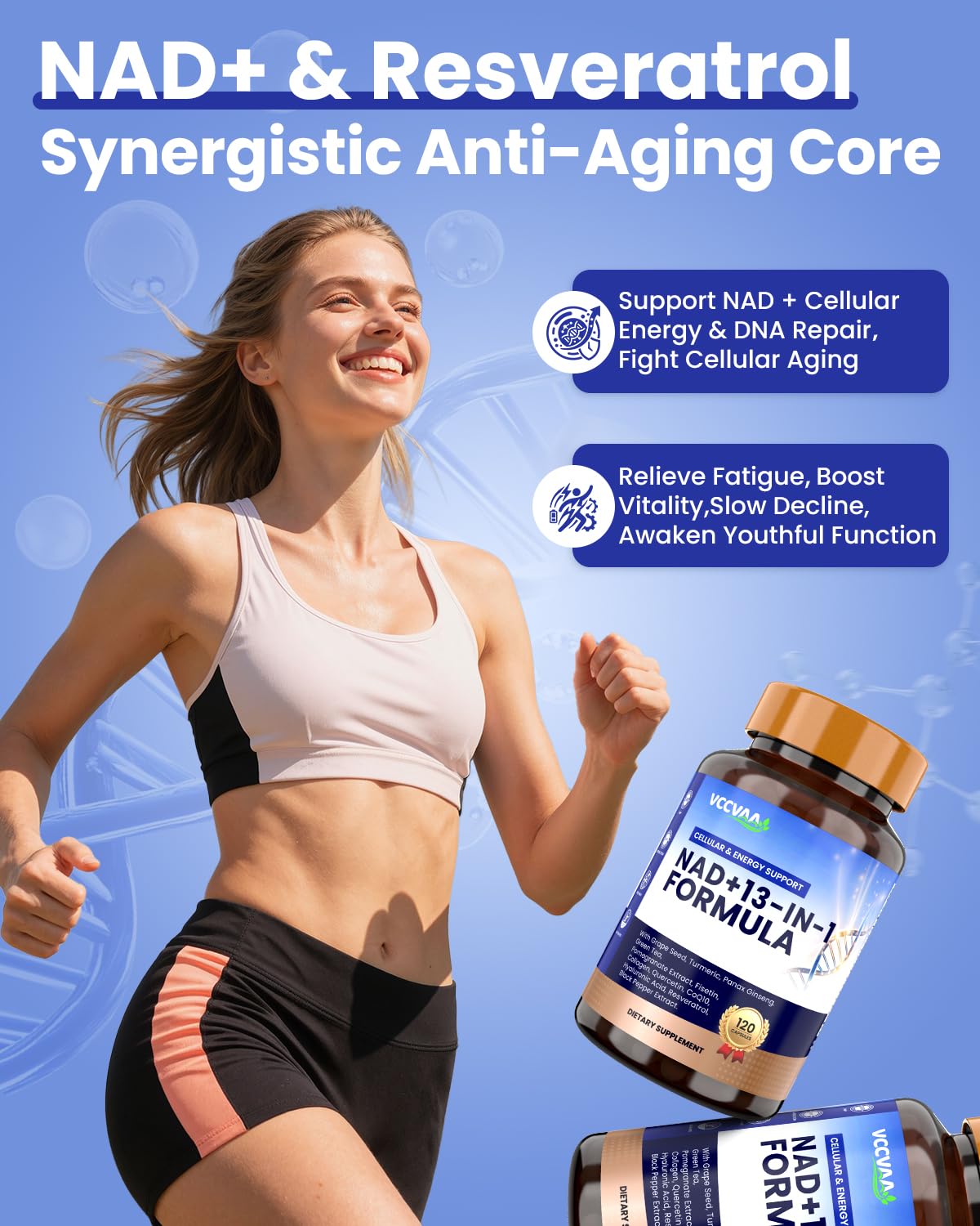 Vccvaa NAD Supplement with Resveratrol, Nicotinamide, Riboside, Quercetin & CoQ10 – Anti-Aging Support for Energy, Focus, Immune & Cellular Health Capsules, 120