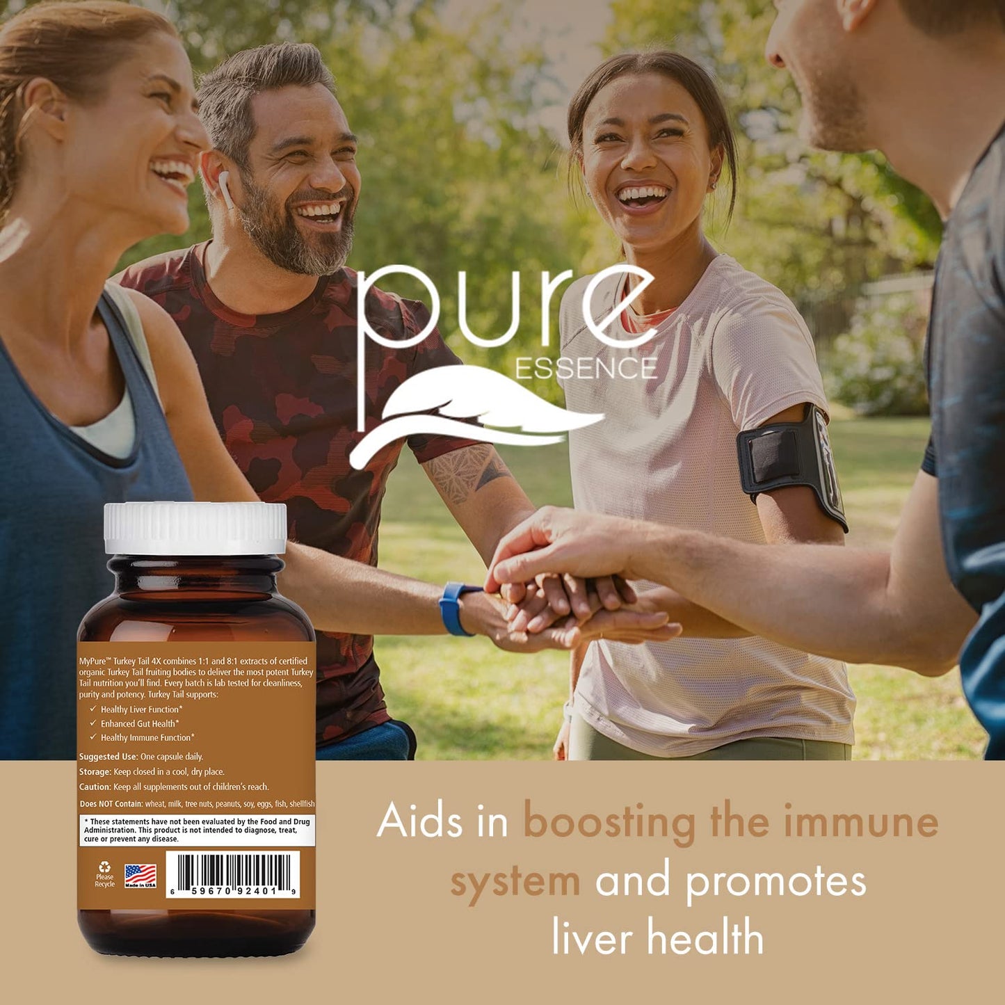 PURE ESSENCE LABS Organic Turkey Tail 4X Mushroom Extract, Vegan Mushrooms Supplement for Immune Building, 60 Capsules