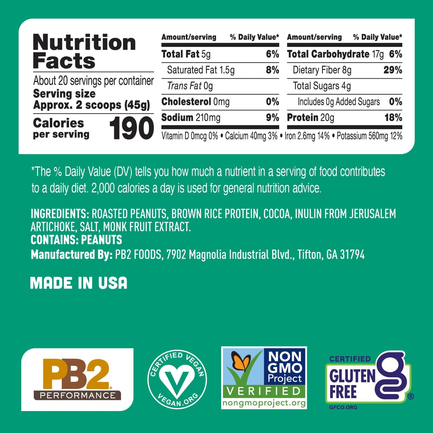 PB2 Performance Peanut with Dutch Cocoa Plant Based Vegan Protein Powder, 2 lb, 32 Servings