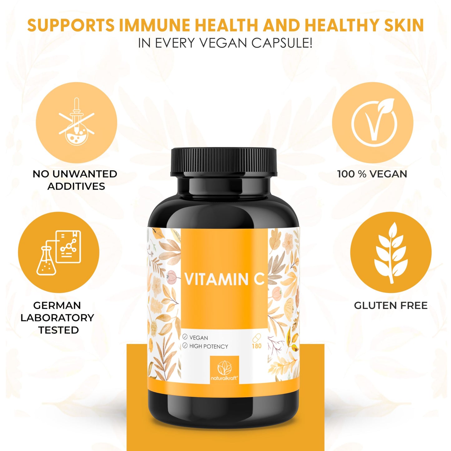 Naturalkraft Vitamin C 1000 mg per Daily Serving with Sunflower Phospholipid Powder and Rosehip Extract, 180 Capsules