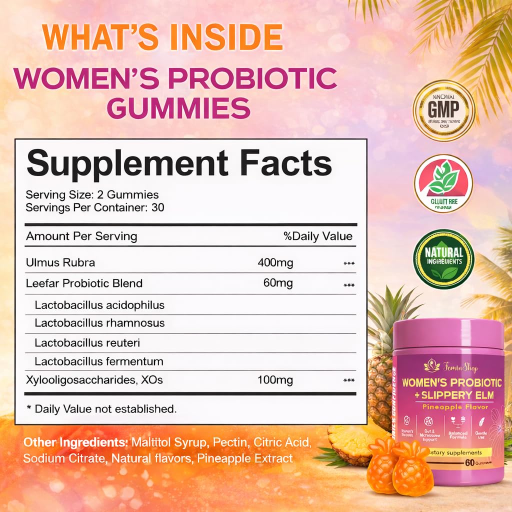 AJO MERCHANDISE Her Juicy Women’s Probiotic Gummies with Slippery Elm & Prebiotic XOS, Lactobacillus Blend, Support pH Balance for Women, Pineapple Flavor, 60 Gummies