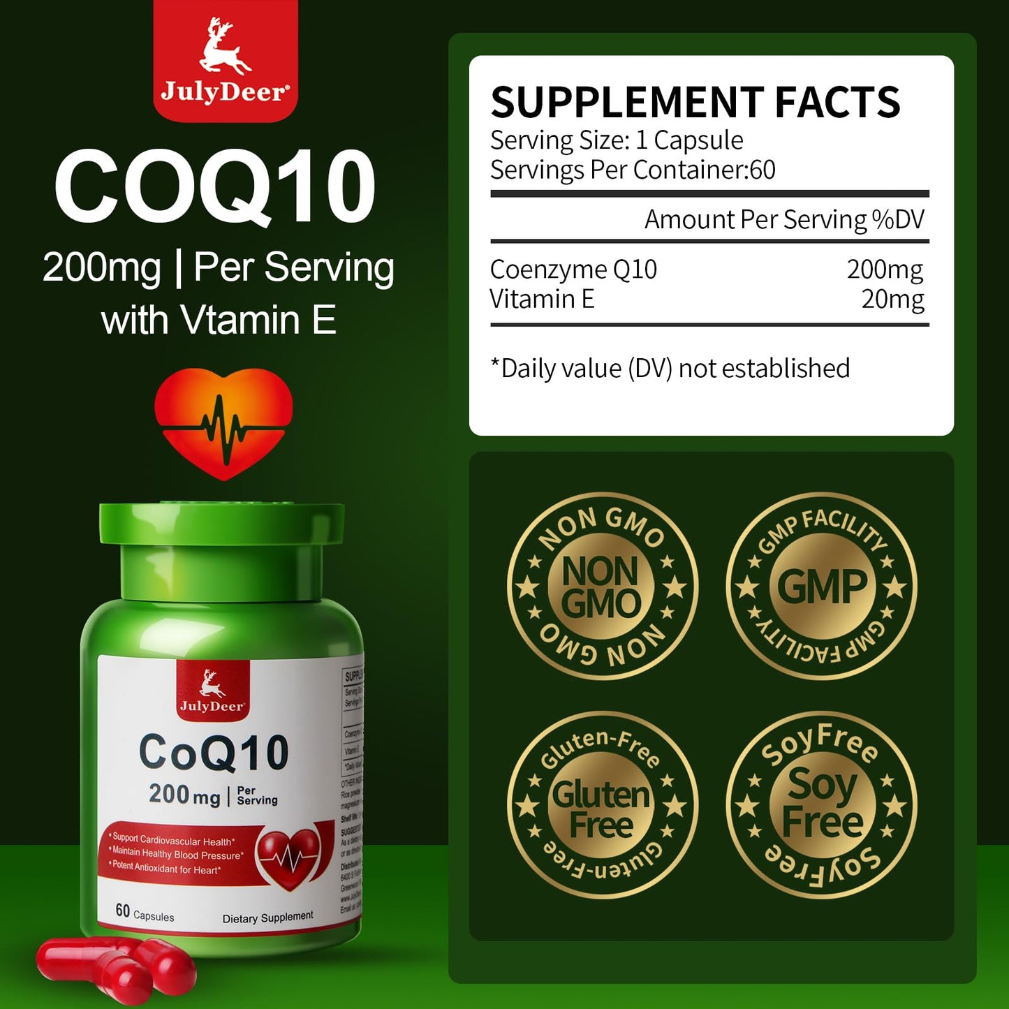 JulyDeer CoQ10 200mg with Vitamin E 20mg Capsules, 120 Count