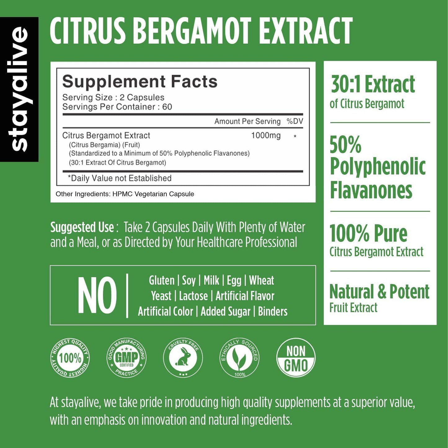 STAY ALIVE Citrus Bergamot Capsules 1000mg, 120 Capsules
