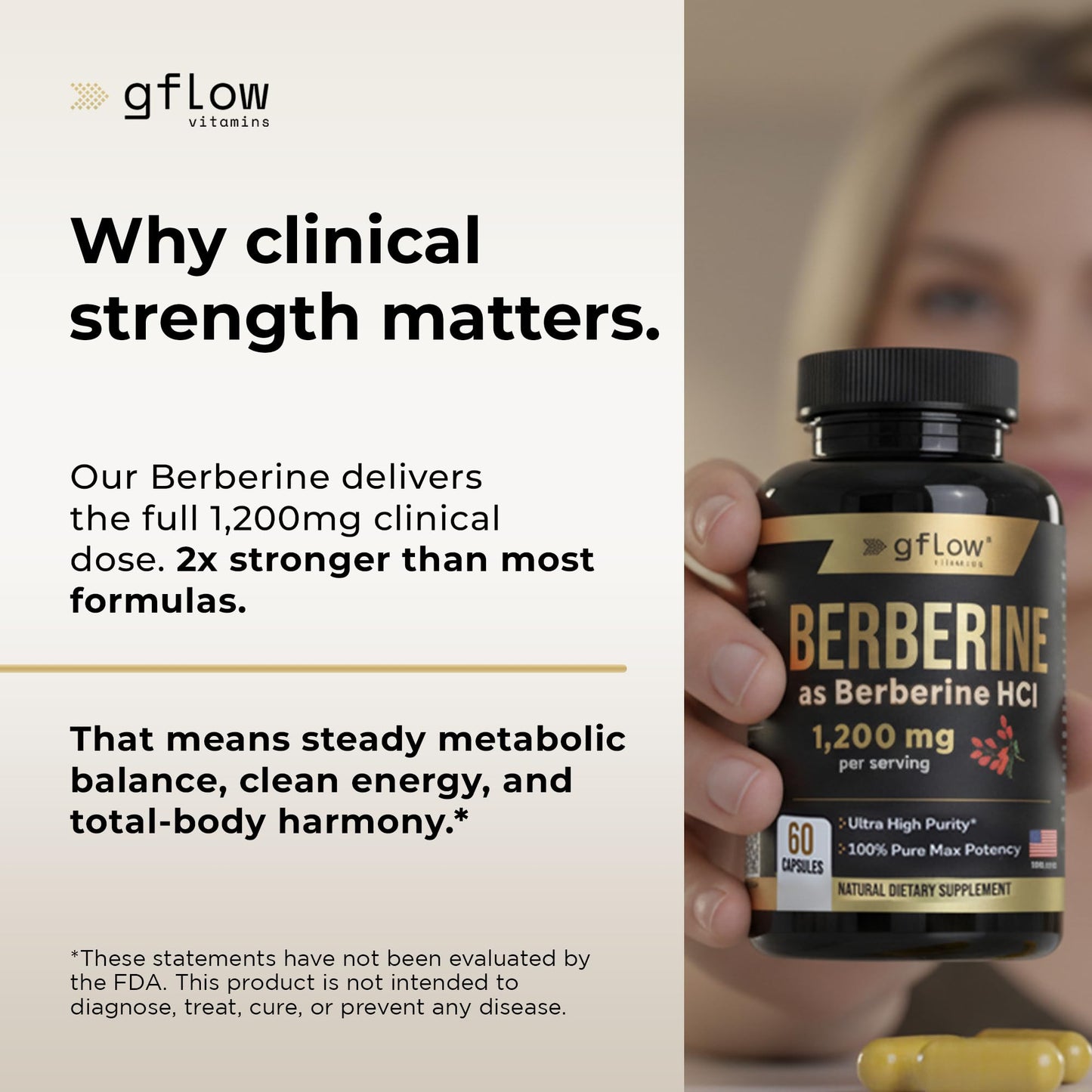 gflow vitamins Berberine HCl 1200 mg Capsules 60 Count