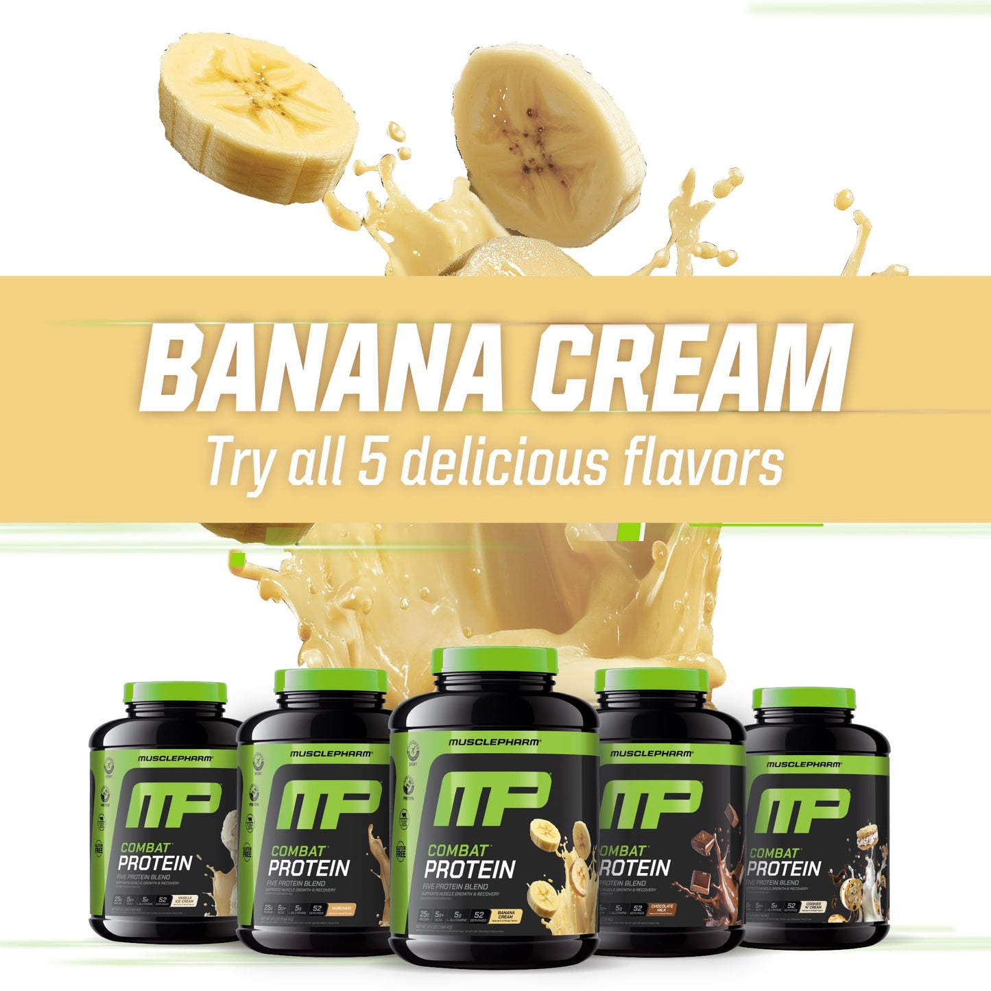 Muscle Pharm Combat Protein Powder Banana Cream Flavor, Gluten Free, 64 Servings, 4 lb