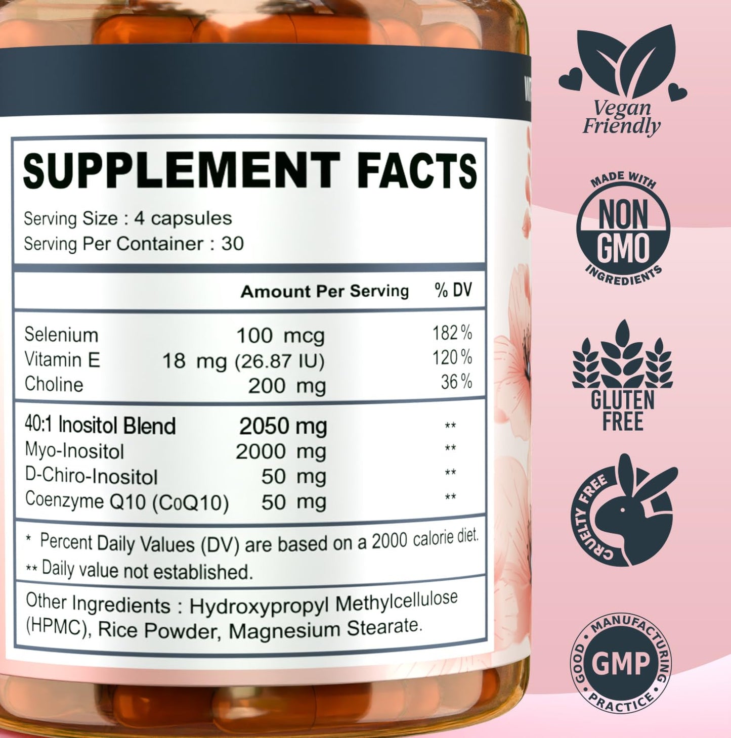 Vitality Labs Myo-inositol & D-chiro Inositol Supplement for Women - Ideal 40:1 Ratio Complex for Fertility, Hormonal Balance, Menstrual Cycle & Ovarian Health Support with CoQ10, Choline & Selenium Capsules 120