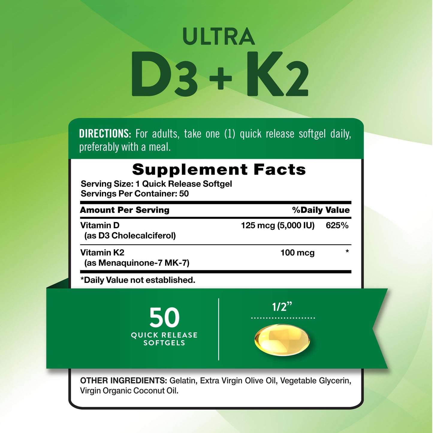 Nature's Truth Vitamin K2 MK7 Complex Softgels 100 mcg, with D3, 50 Count