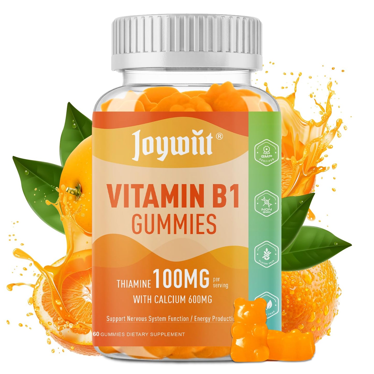 Joywiit Vitamin B1 Gummies 100mg for Adults & Kids, Thiamine B1 Supplement with 600mg Calcium, Nervous System Support & Energy Boost, Orange Flavor, Non-GMO, Vegan, 60 Gummies