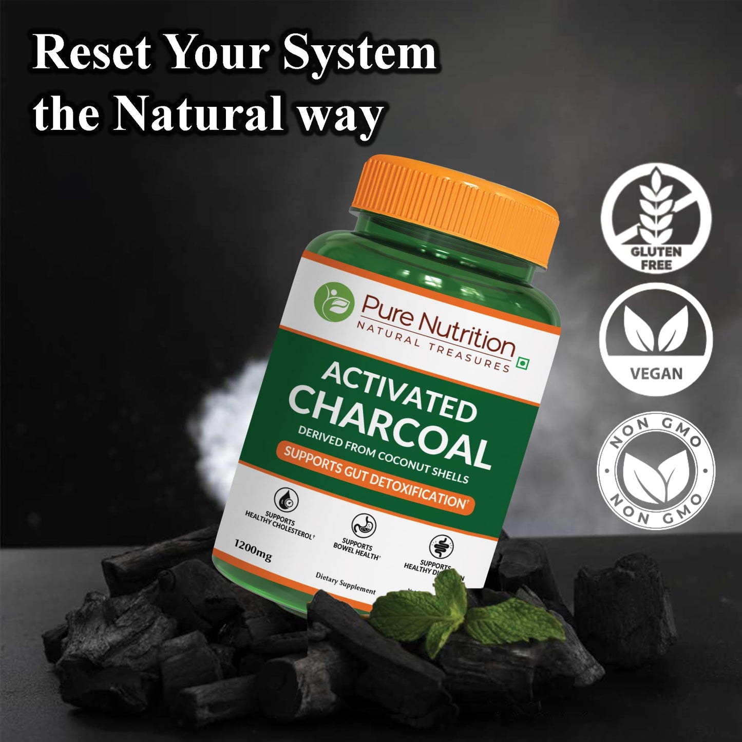 Pure Nutrition Natural Treasures Activated Charcoal 600mg - Coconut Shell Derived Capsules, 180 Capsules