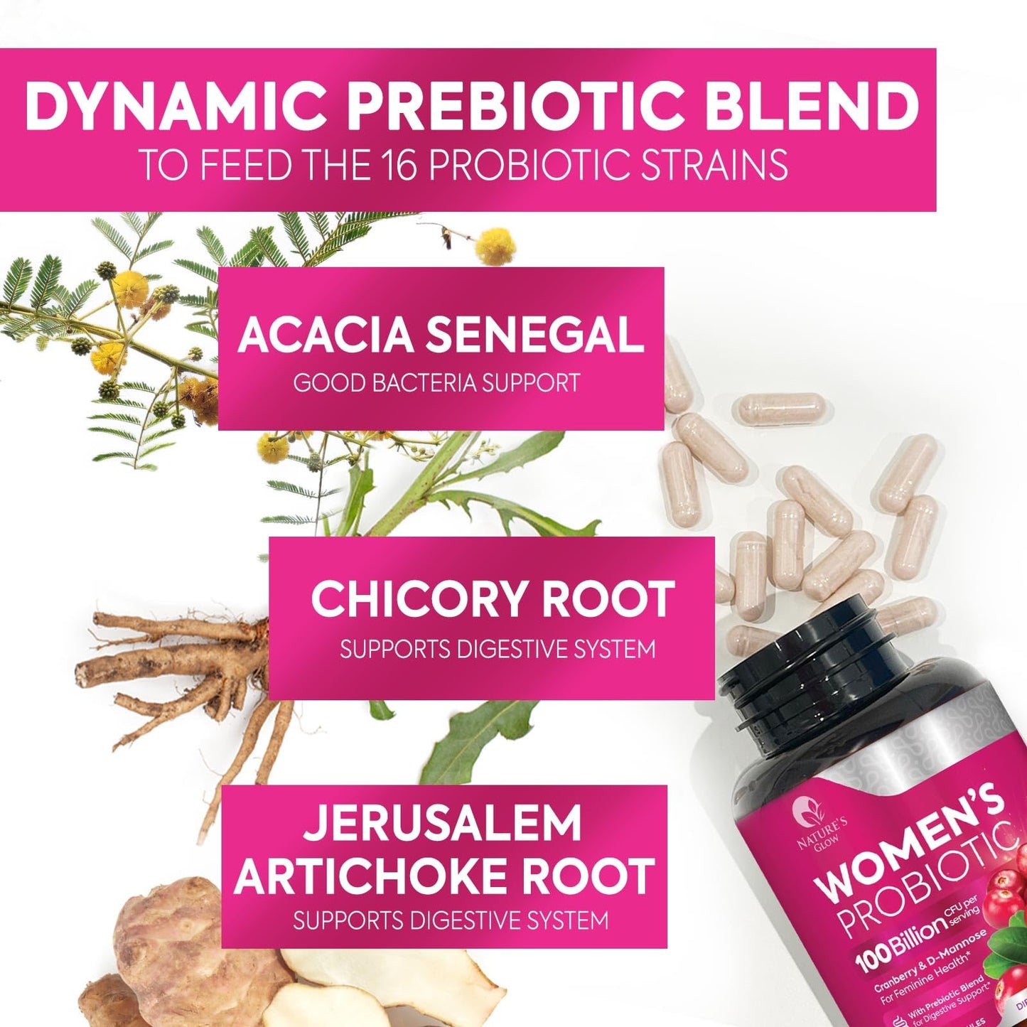 Nature's Glow Probiotics For Women - PH Balance, Digestive & Feminine Health Support - 100 Billion CFU Per Serving - Women's Probiotic With 16 Unique Strains, Vaginal Probiotic Capsules 60 Count