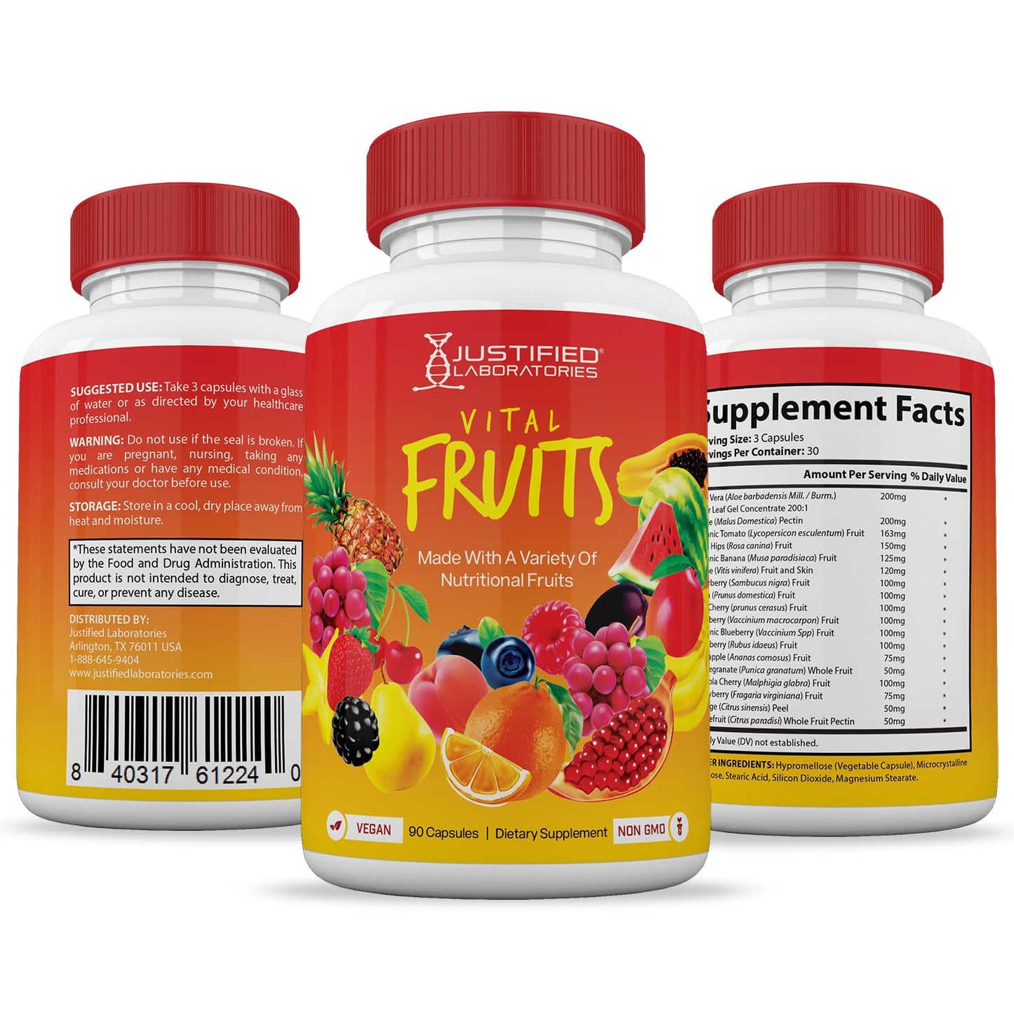 Justified Laboratories Vital Fruits and Veggies Whole Food Red & Green Superfoods Capsules, 90 Count