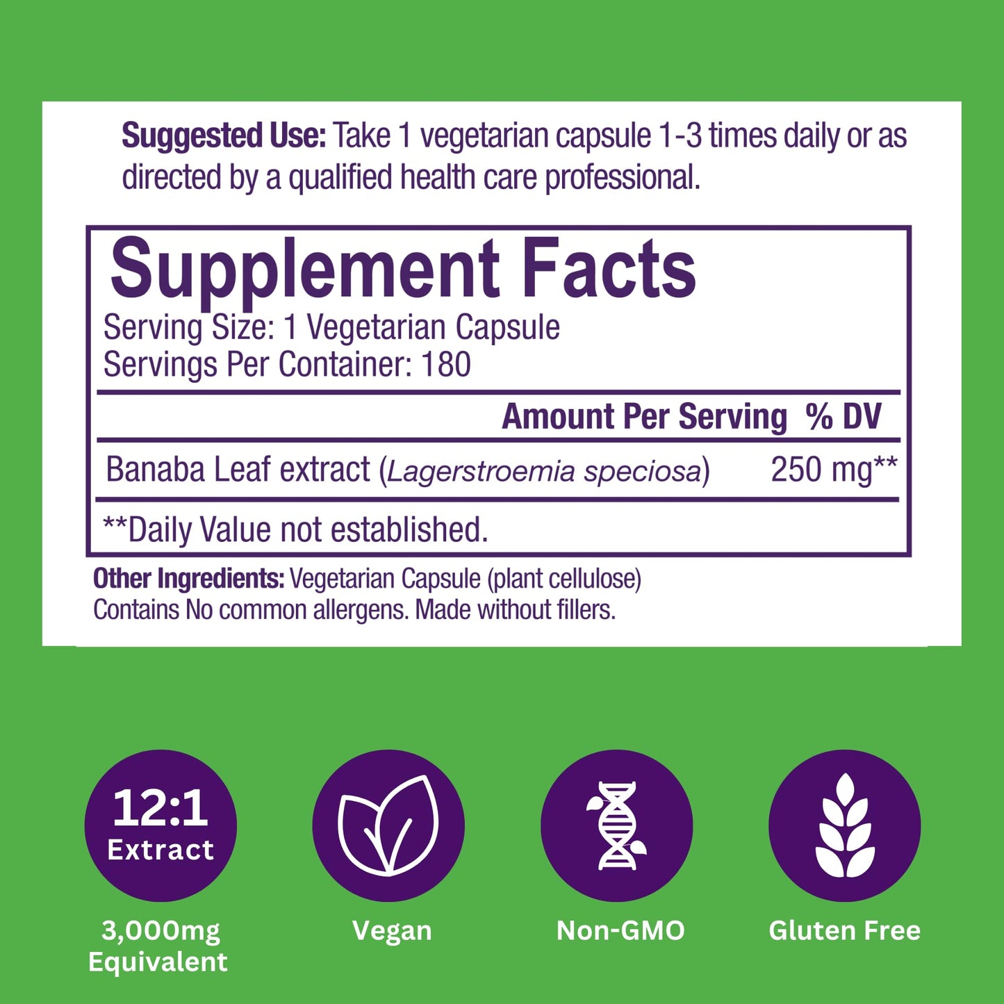 Paradise Herbs Banaba Leaf 12:1 Concentrated Extract 250 mg Capsules, 180 Count