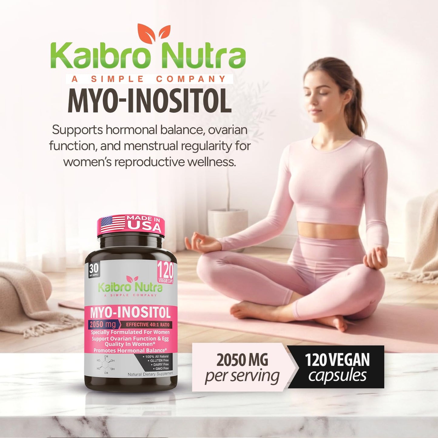 Kaibro Nutra Myo-Inositol & D-Chiro Inositol 40:1 Supplement - 2050mg Capsule, 120 Count